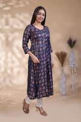 Blue geometric Printed Anarkali Kurti with Round Neck and 3/4 Sleeves
