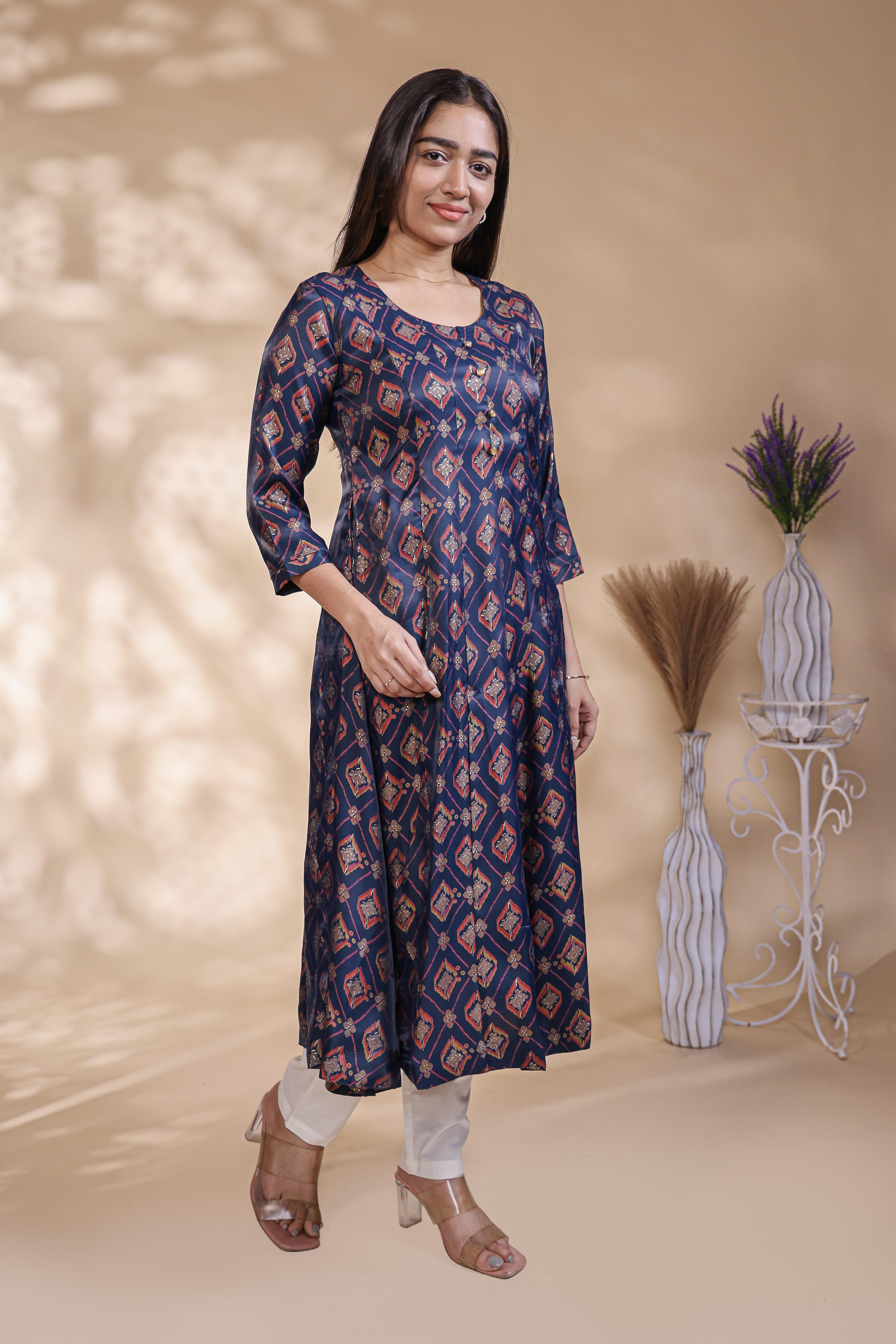 Blue geometric Printed Anarkali Kurti with Round Neck and 3/4 Sleeves