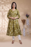 Green floral Printed Anarkali Kurti with Round Neck and 3/4 Sleeves