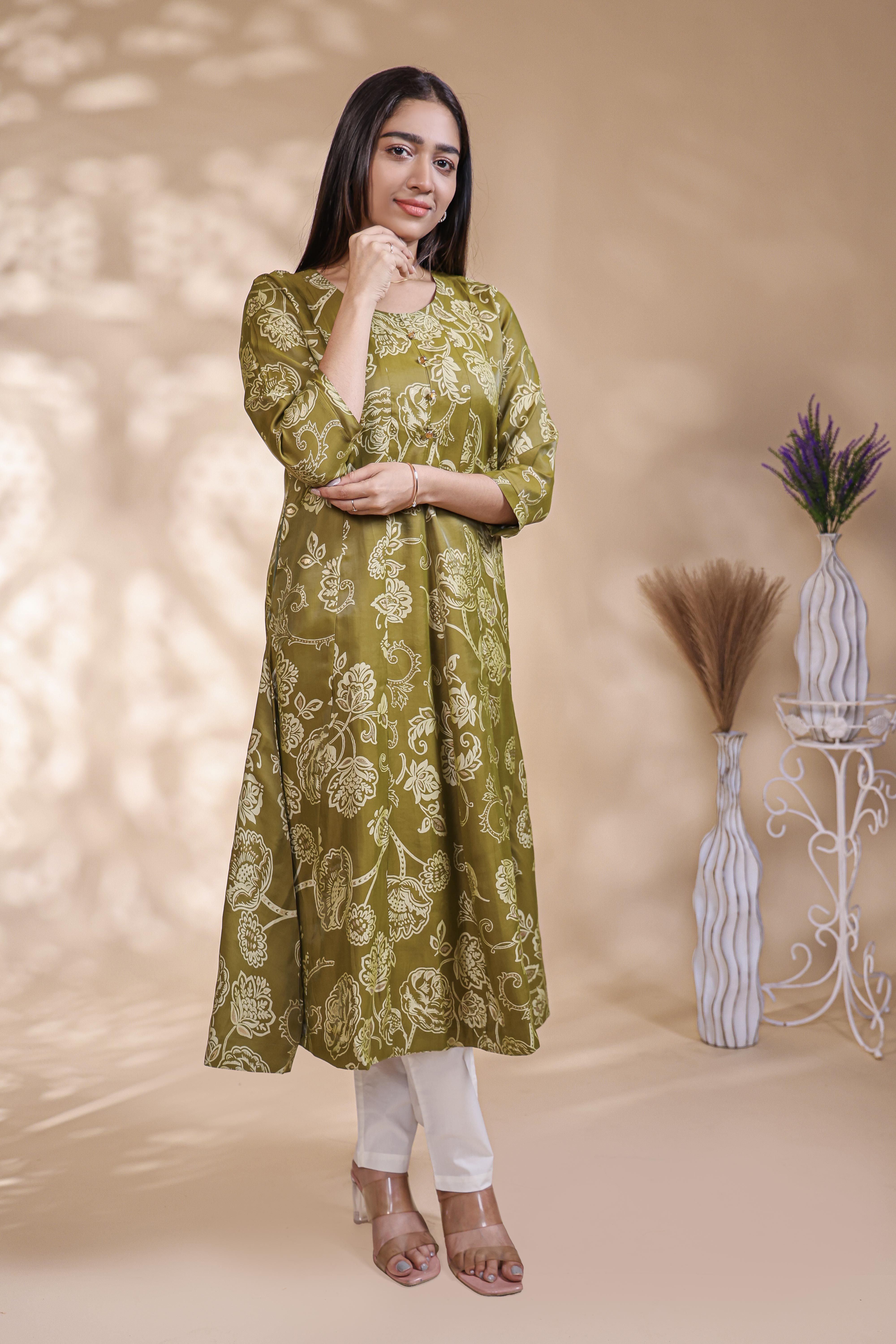Green floral Printed Anarkali Kurti with Round Neck and 3/4 Sleeves