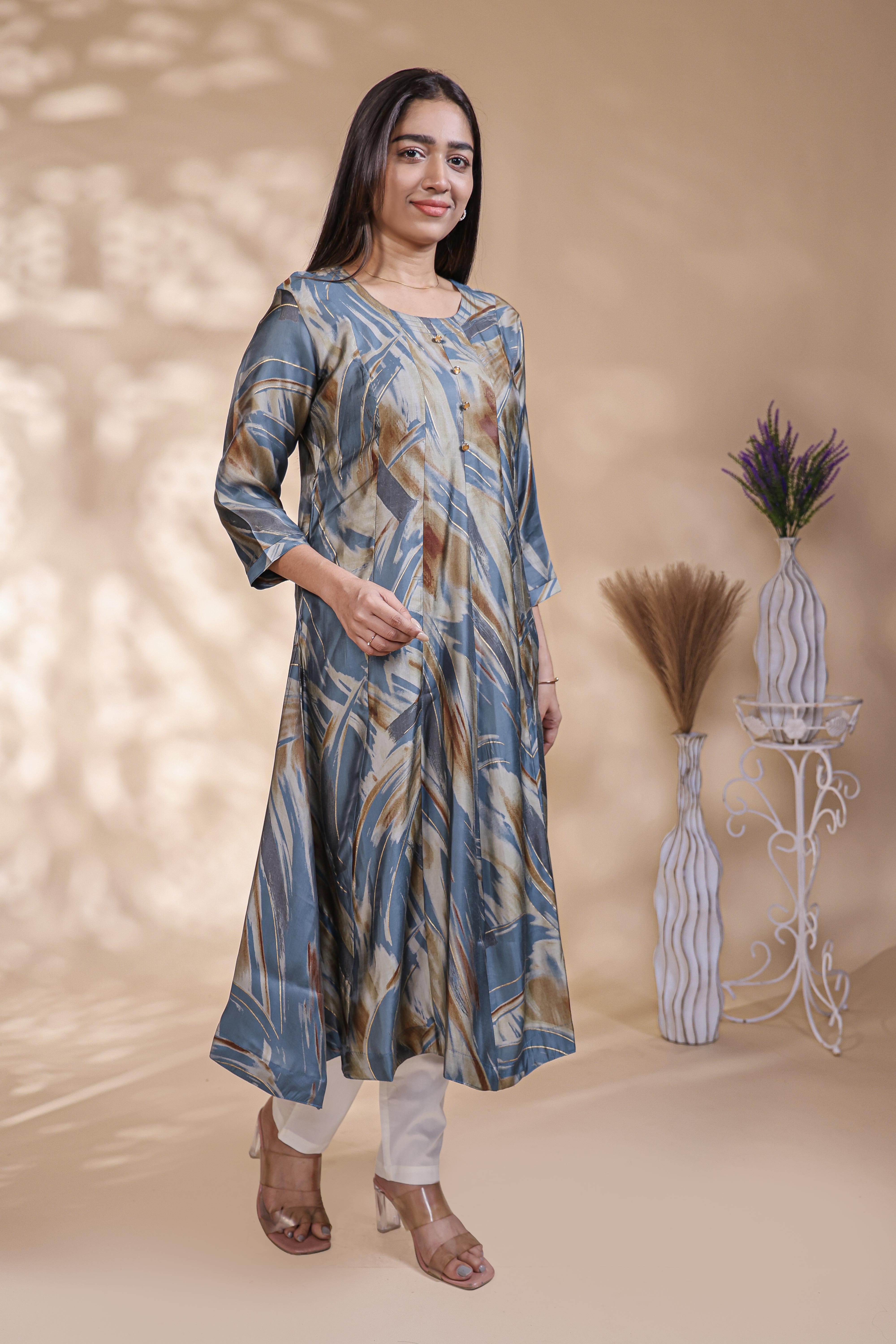 Pale blue floral Printed Anarkali Kurti with Round Neck and 3/4 Sleeves