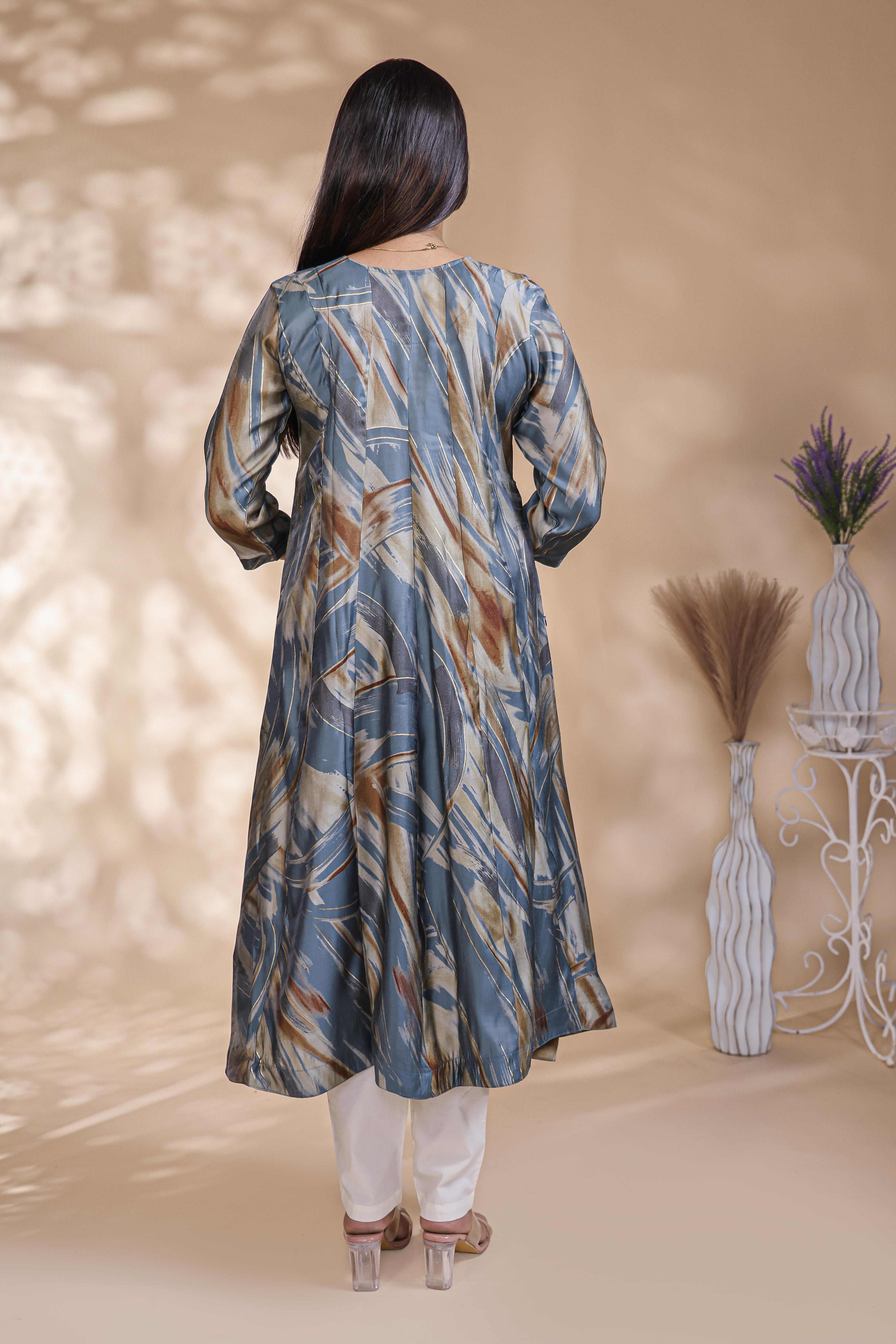 Pale blue floral Printed Anarkali Kurti with Round Neck and 3/4 Sleeves