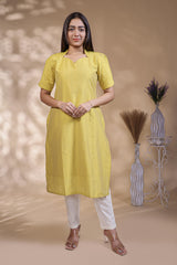 Yellow Striped Straight Kurti with Sweetheart Neck and 3/4 Sleeves