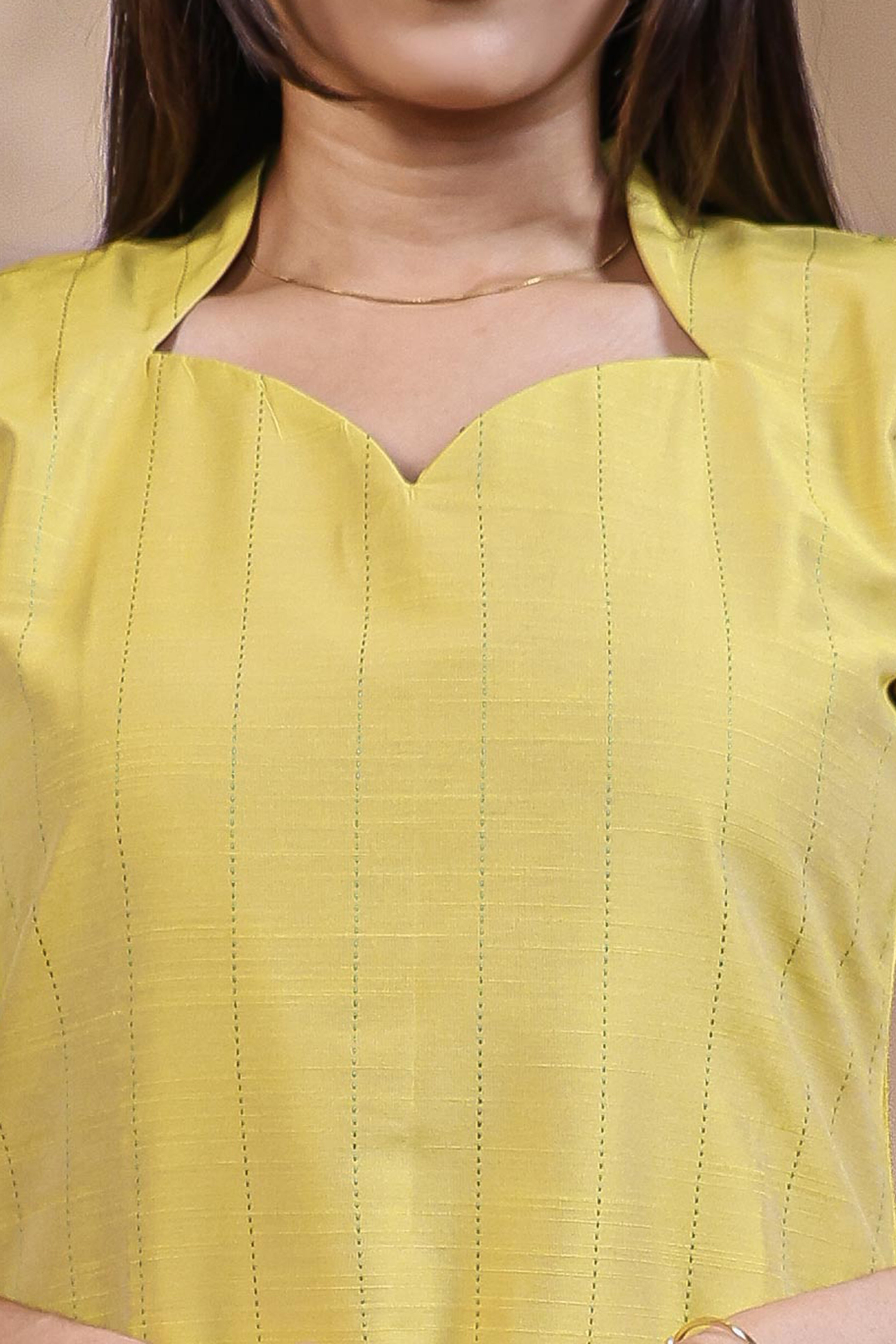 Yellow Striped Straight Kurti with Sweetheart Neck and 3/4 Sleeves