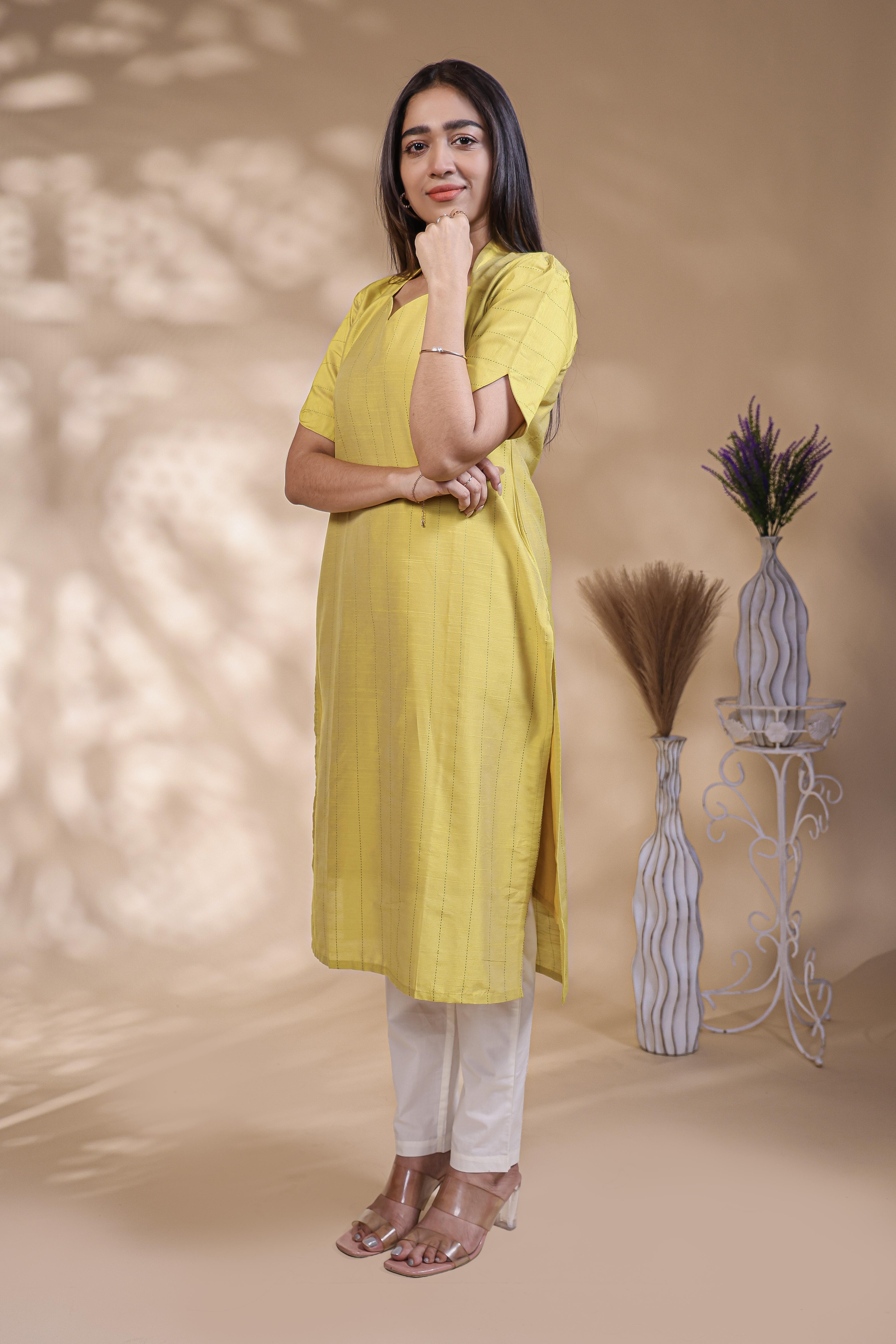 Yellow Striped Straight Kurti with Sweetheart Neck and 3/4 Sleeves