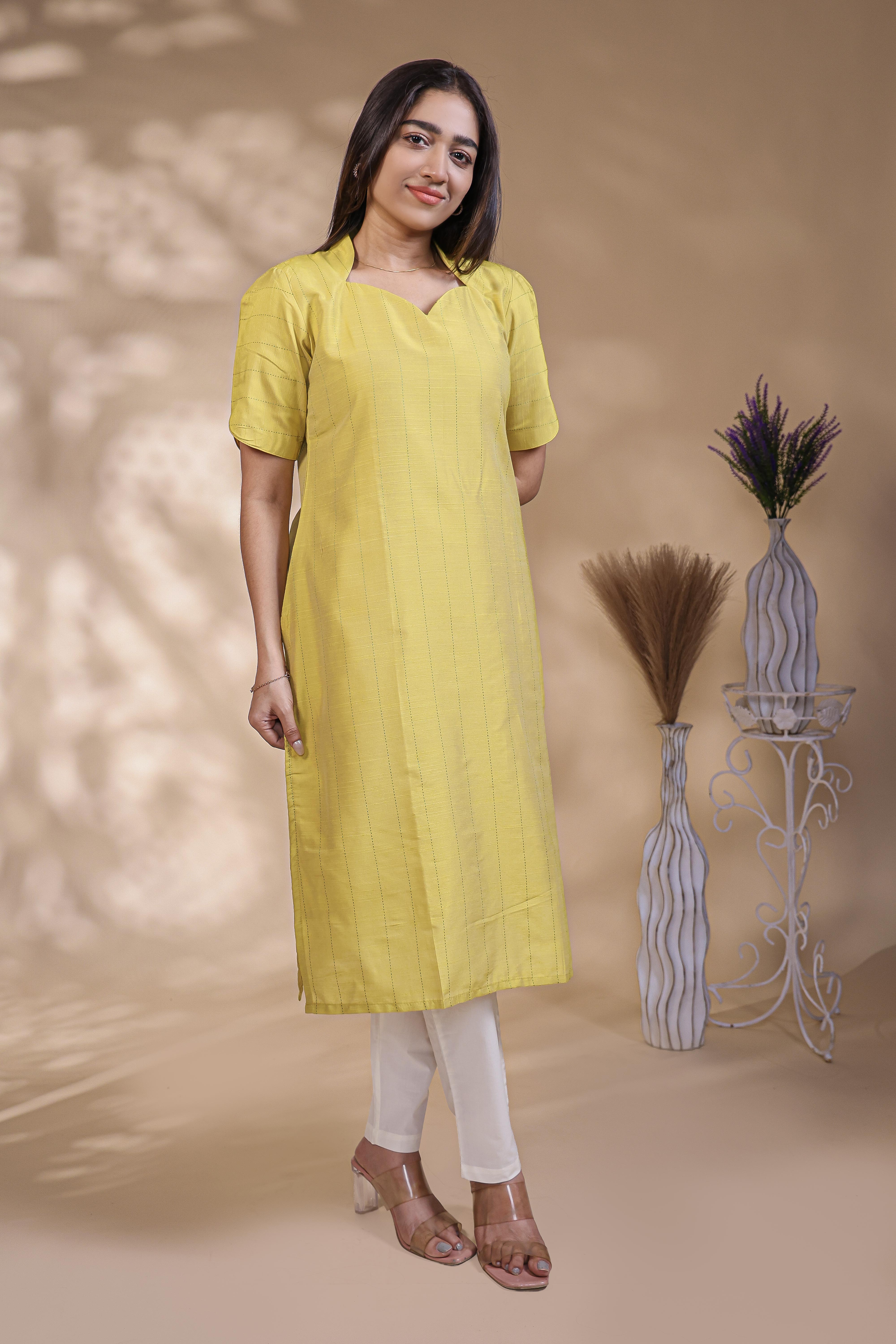 Yellow Striped Straight Kurti with Sweetheart Neck and 3/4 Sleeves