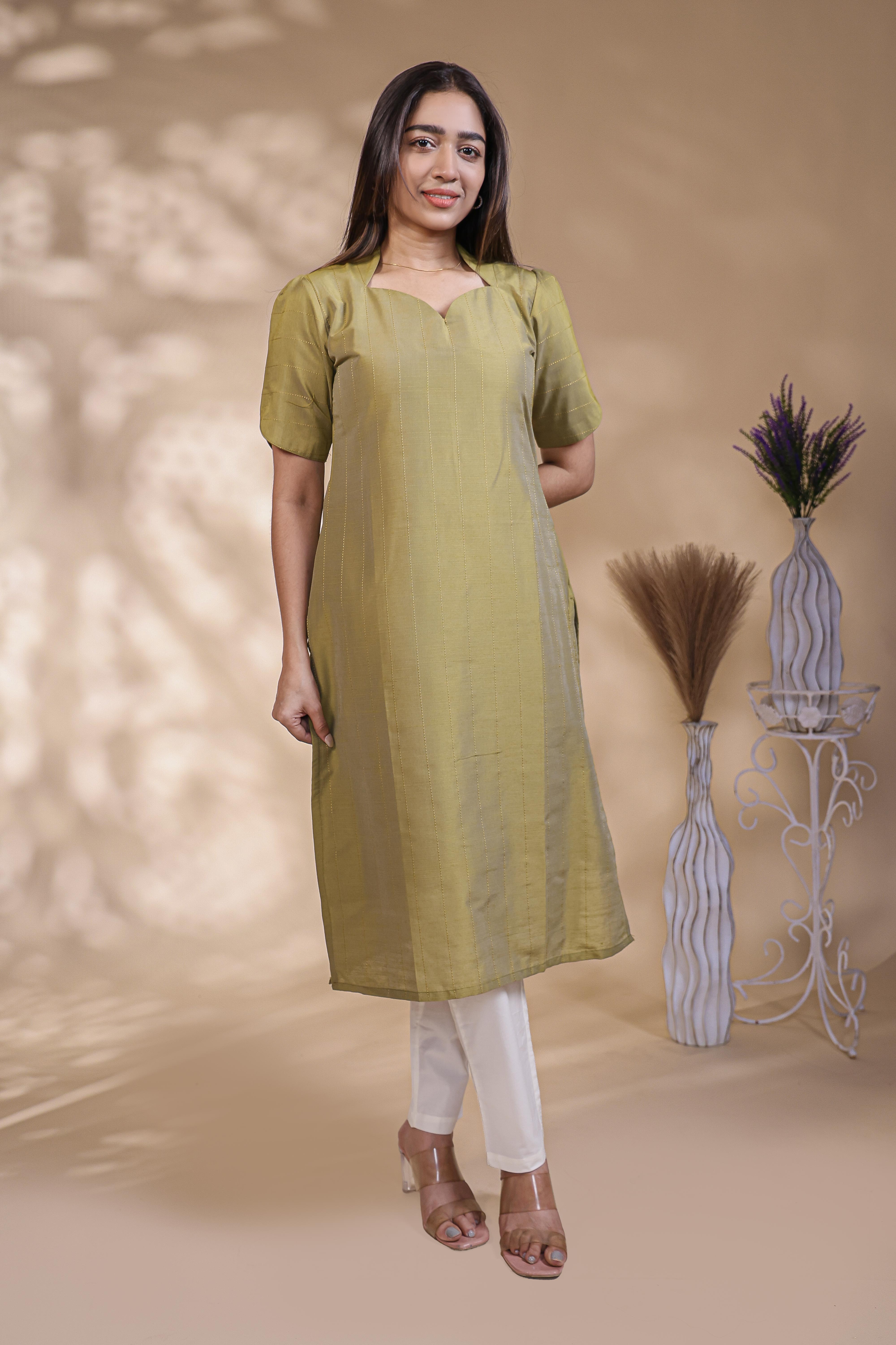 Olive green Striped Straight Kurti with Sweetheart Neck and 3/4 Sleeves