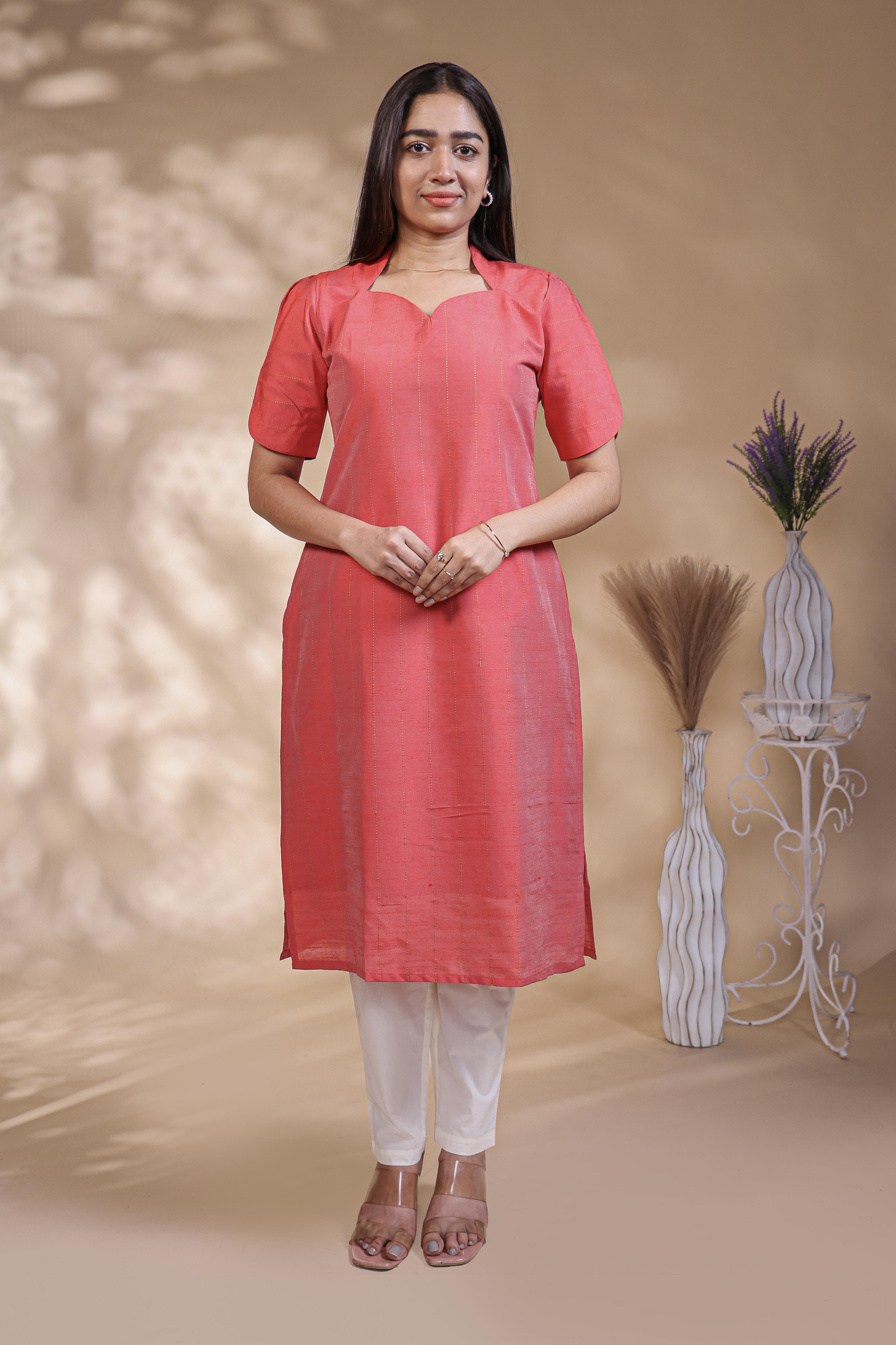 Pink Striped Straight Kurti with Sweetheart Neck and 3/4 Sleeves