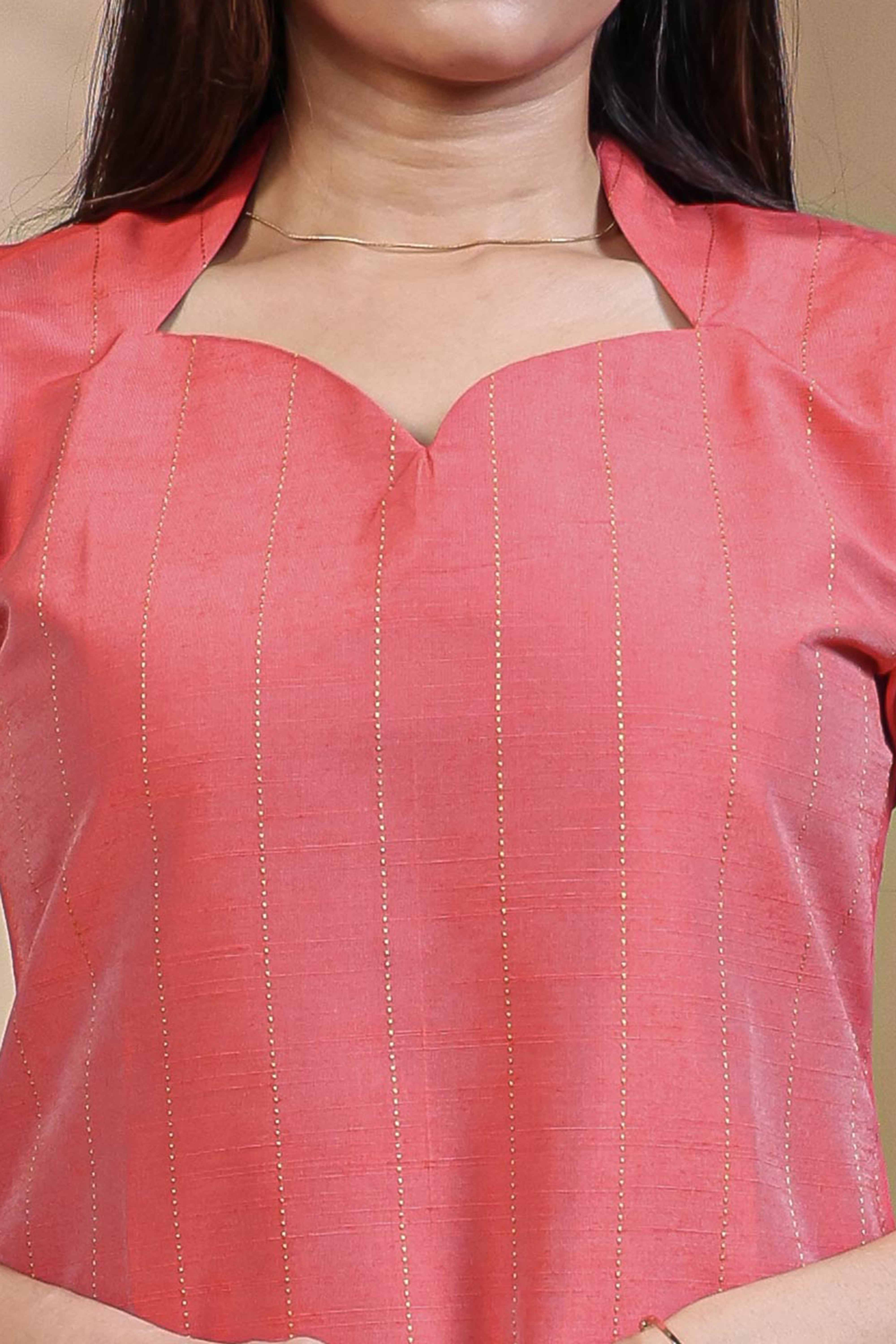 Pink Striped Straight Kurti with Sweetheart Neck and 3/4 Sleeves