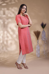 Pink Striped Straight Kurti with Sweetheart Neck and 3/4 Sleeves