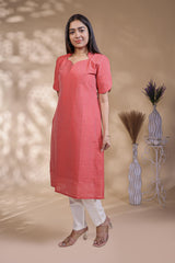 Pink Striped Straight Kurti with Sweetheart Neck and 3/4 Sleeves