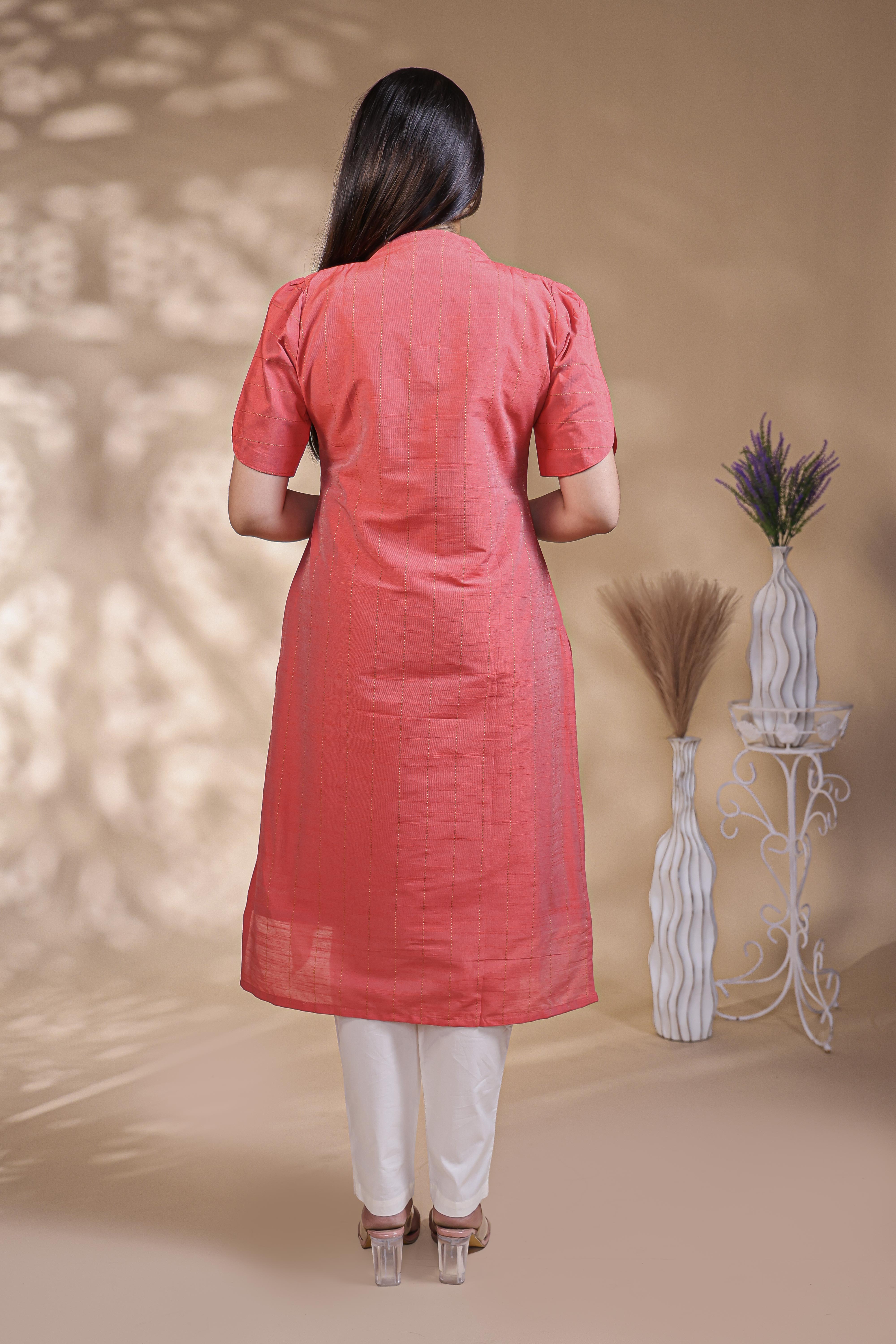 Pink Striped Straight Kurti with Sweetheart Neck and 3/4 Sleeves
