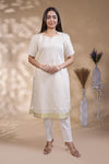 White Self-Textured motifs design Straight Kurti with Gold Border, Sweetheart Neck and 3/4 Sleeves