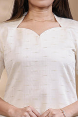 White Self-Textured motifs design Straight Kurti with Gold Border, Sweetheart Neck and 3/4 Sleeves