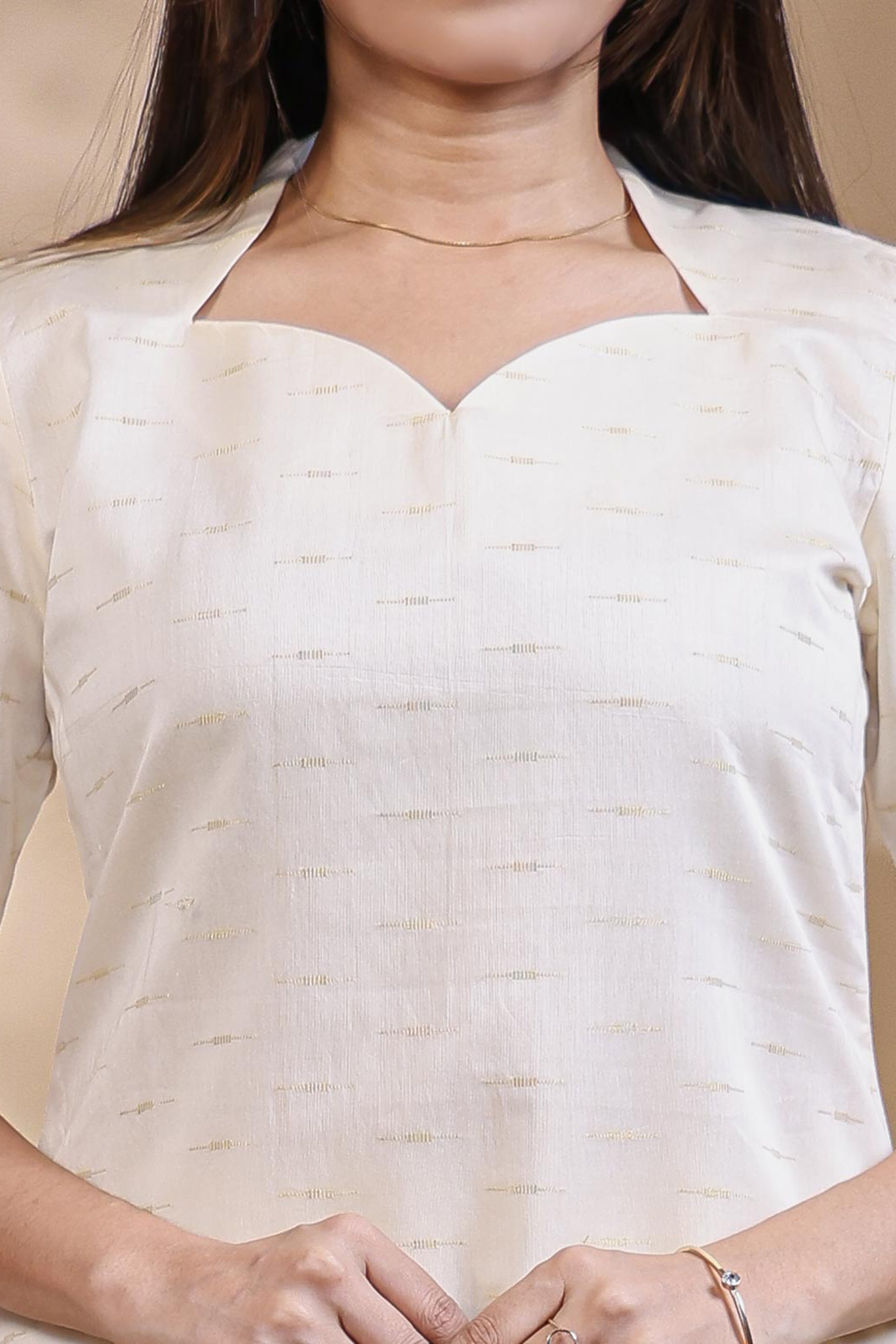 White Self-Textured motifs design Straight Kurti with Gold Border, Sweetheart Neck and 3/4 Sleeves