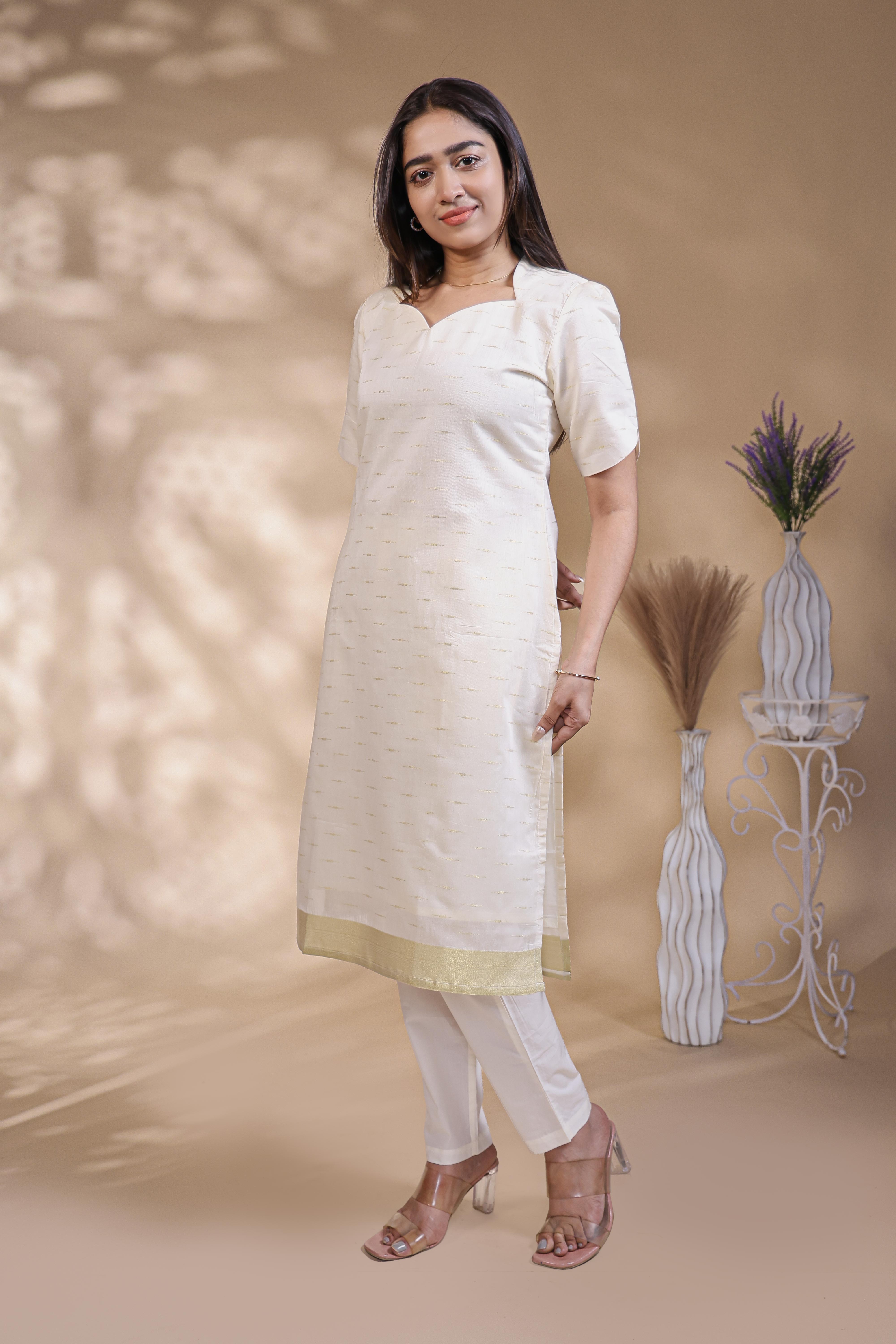 White Self-Textured motifs design Straight Kurti with Gold Border, Sweetheart Neck and 3/4 Sleeves
