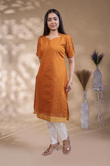 Orange Self-Textured motifs design Straight Kurti with Gold Border, Sweetheart Neck and 3/4 Sleeves