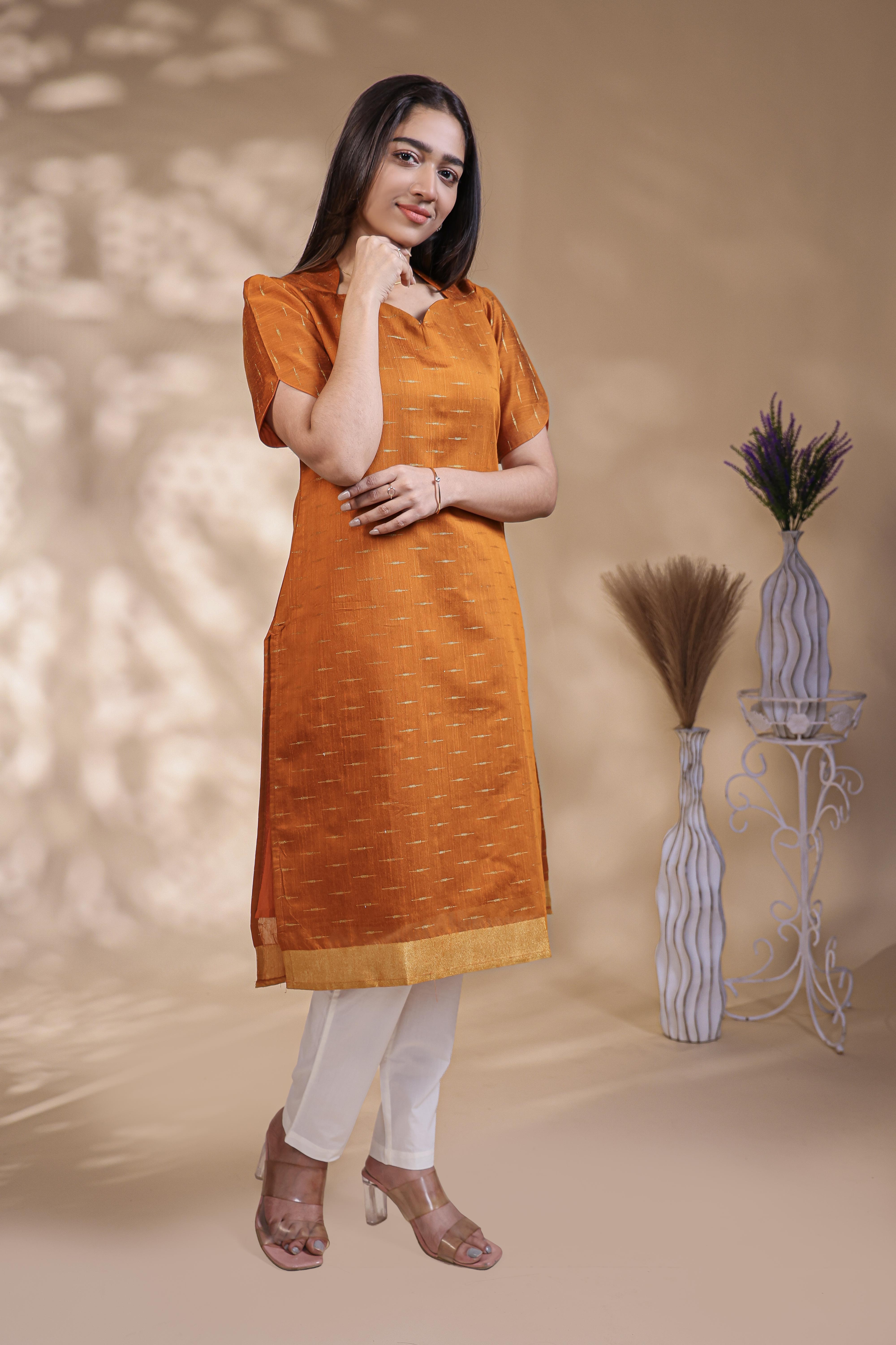 Orange Self-Textured motifs design Straight Kurti with Gold Border, Sweetheart Neck and 3/4 Sleeves