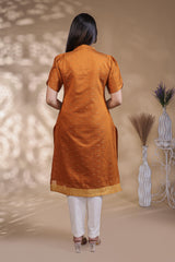 Orange Self-Textured motifs design Straight Kurti with Gold Border, Sweetheart Neck and 3/4 Sleeves
