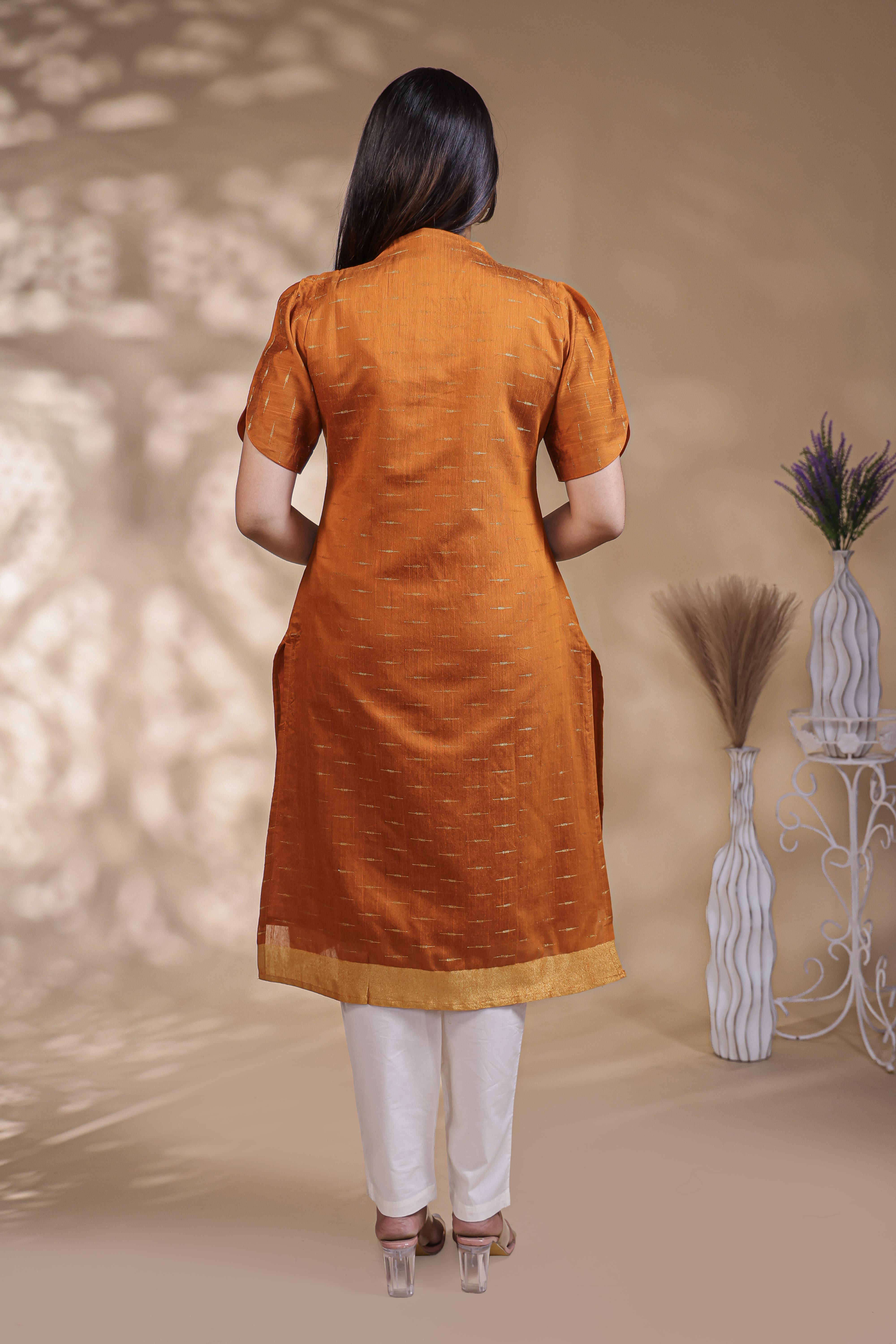 Orange Self-Textured motifs design Straight Kurti with Gold Border, Sweetheart Neck and 3/4 Sleeves
