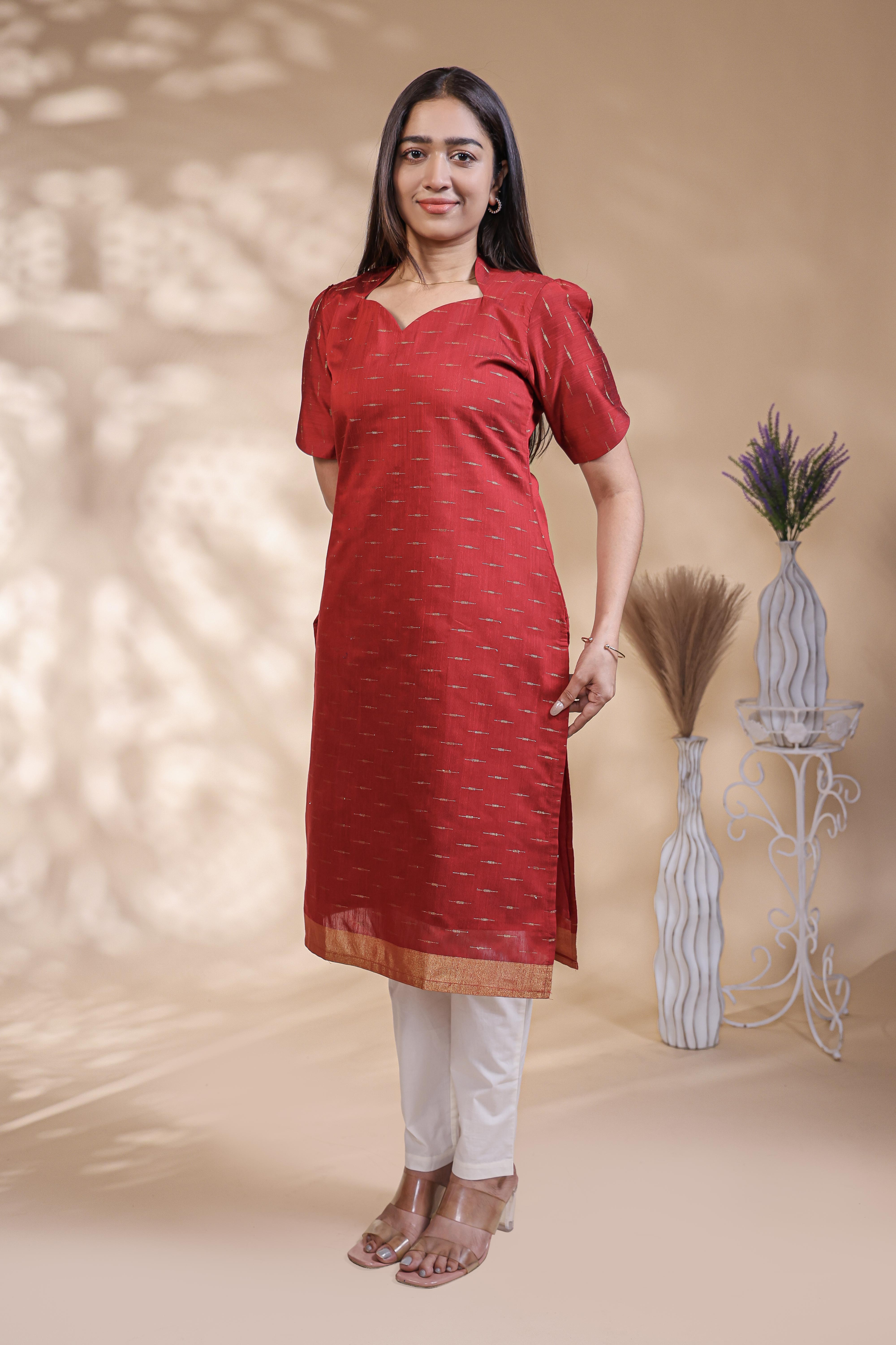 Red Self-Textured motifs design Straight Kurti with Gold Border, Sweetheart Neck and 3/4 Sleeves