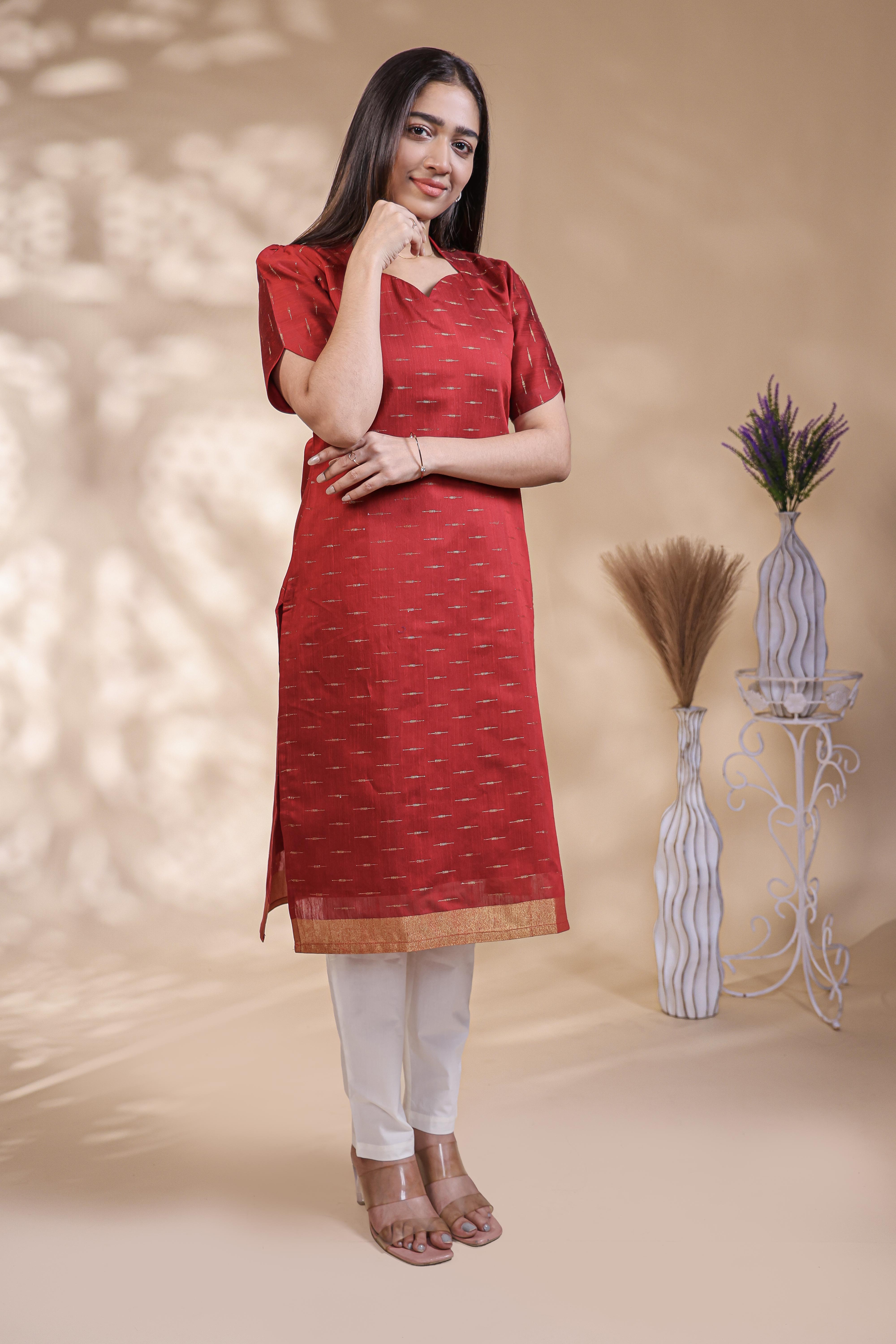 Red Self-Textured motifs design Straight Kurti with Gold Border, Sweetheart Neck and 3/4 Sleeves