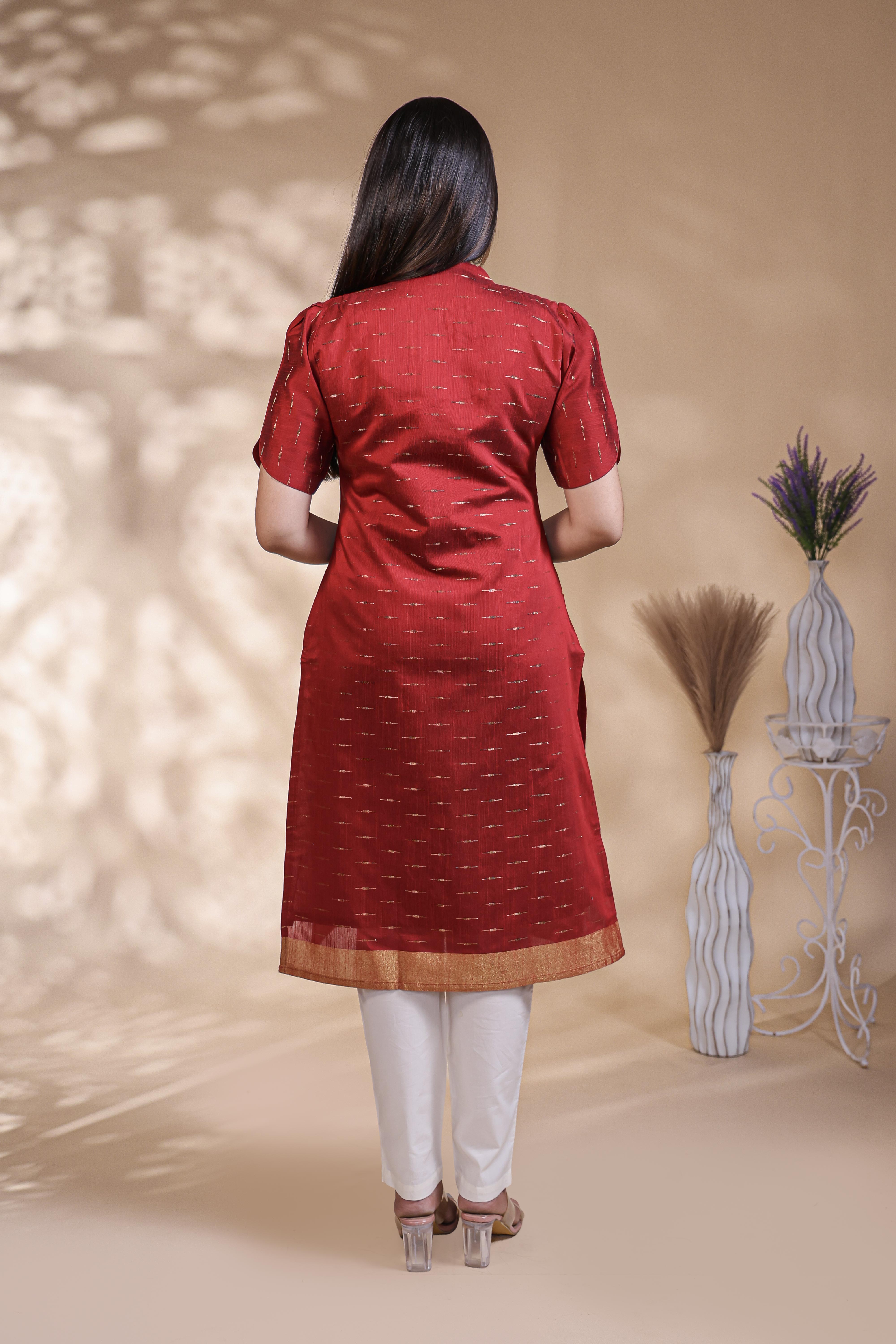 Red Self-Textured motifs design Straight Kurti with Gold Border, Sweetheart Neck and 3/4 Sleeves