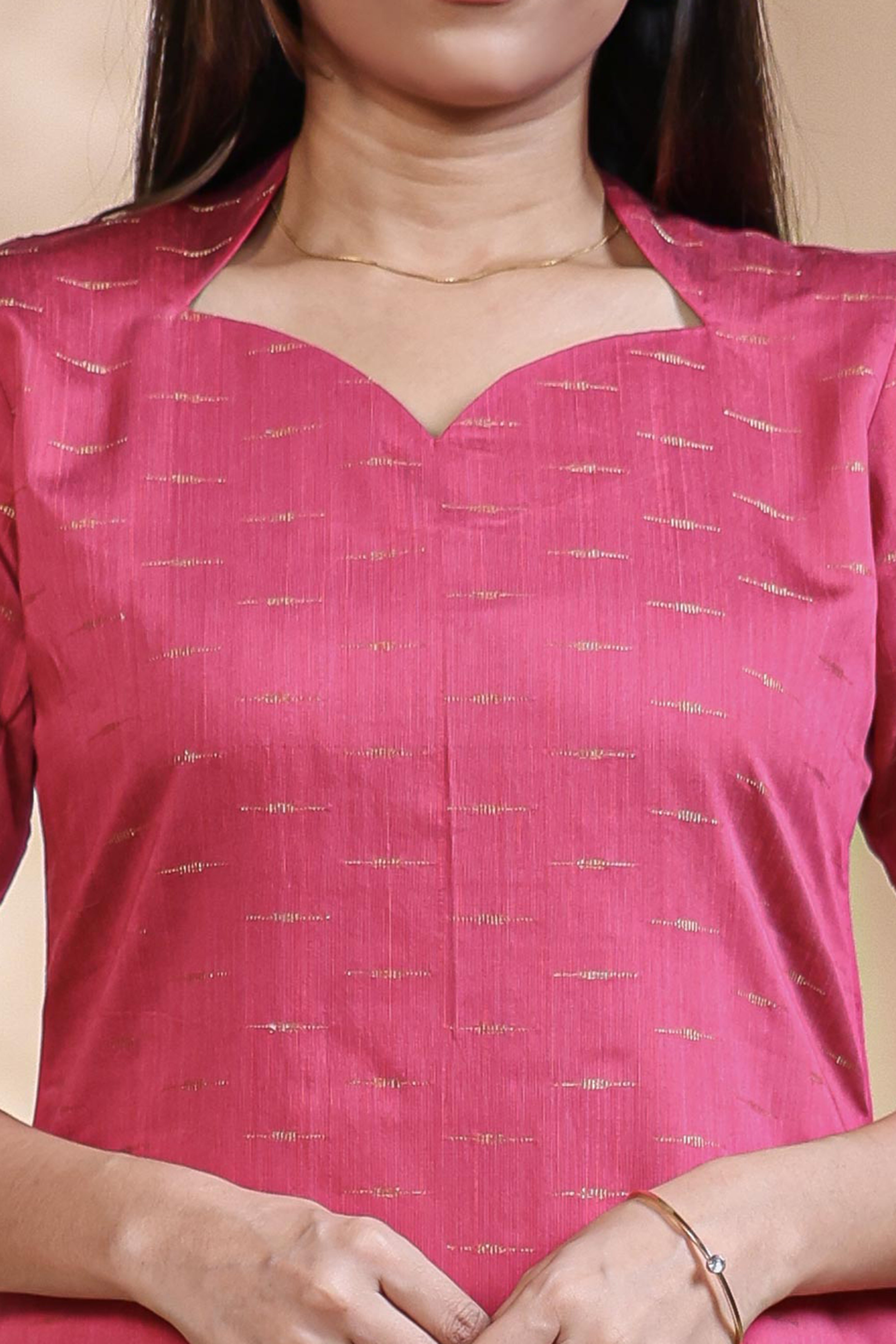 Pink Self-Textured motifs design Straight Kurti with Gold Border, Sweetheart Neck and 3/4 Sleeves