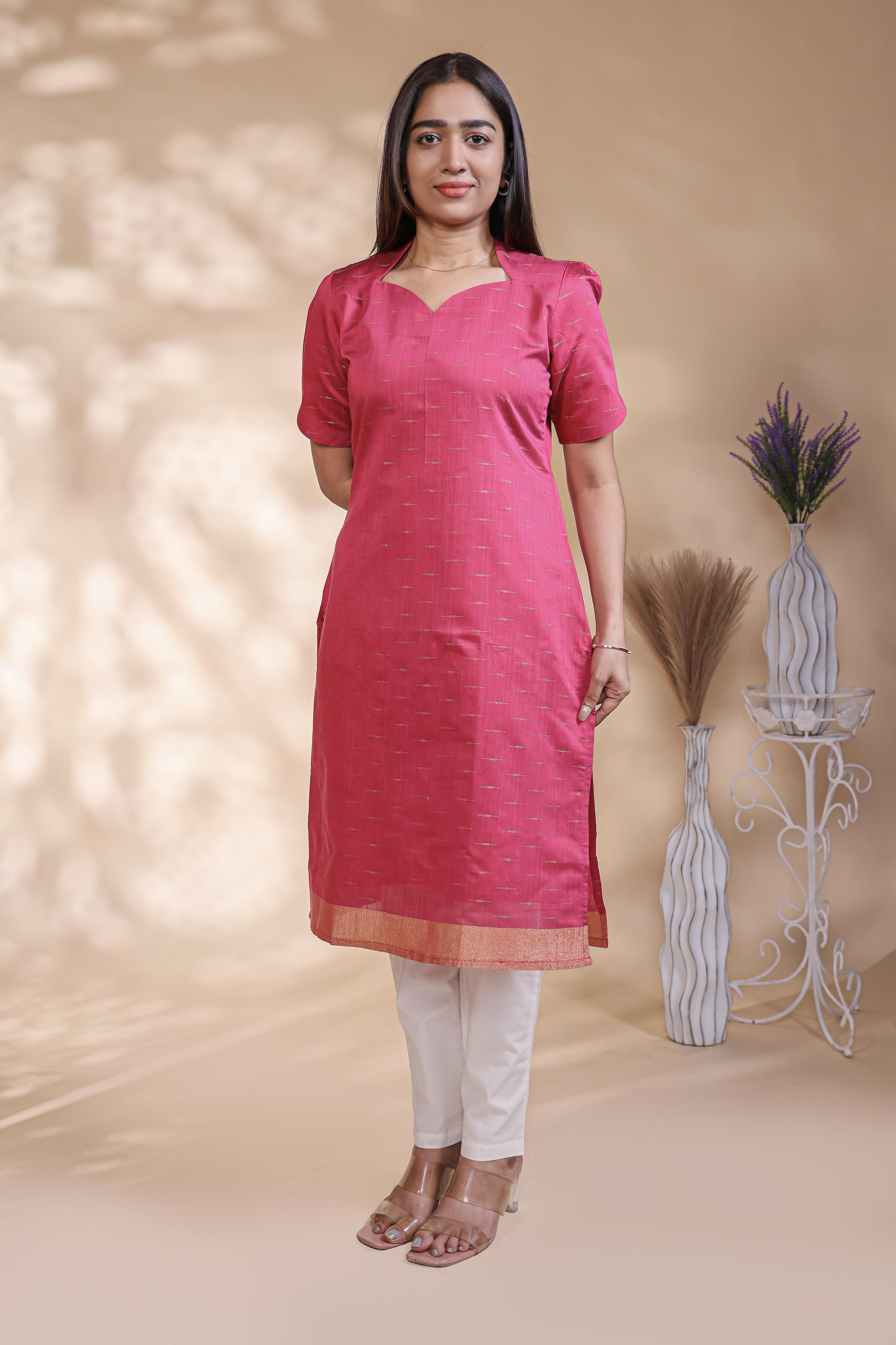 Pink Self-Textured motifs design Straight Kurti with Gold Border, Sweetheart Neck and 3/4 Sleeves