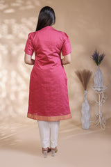 Pink Self-Textured motifs design Straight Kurti with Gold Border, Sweetheart Neck and 3/4 Sleeves