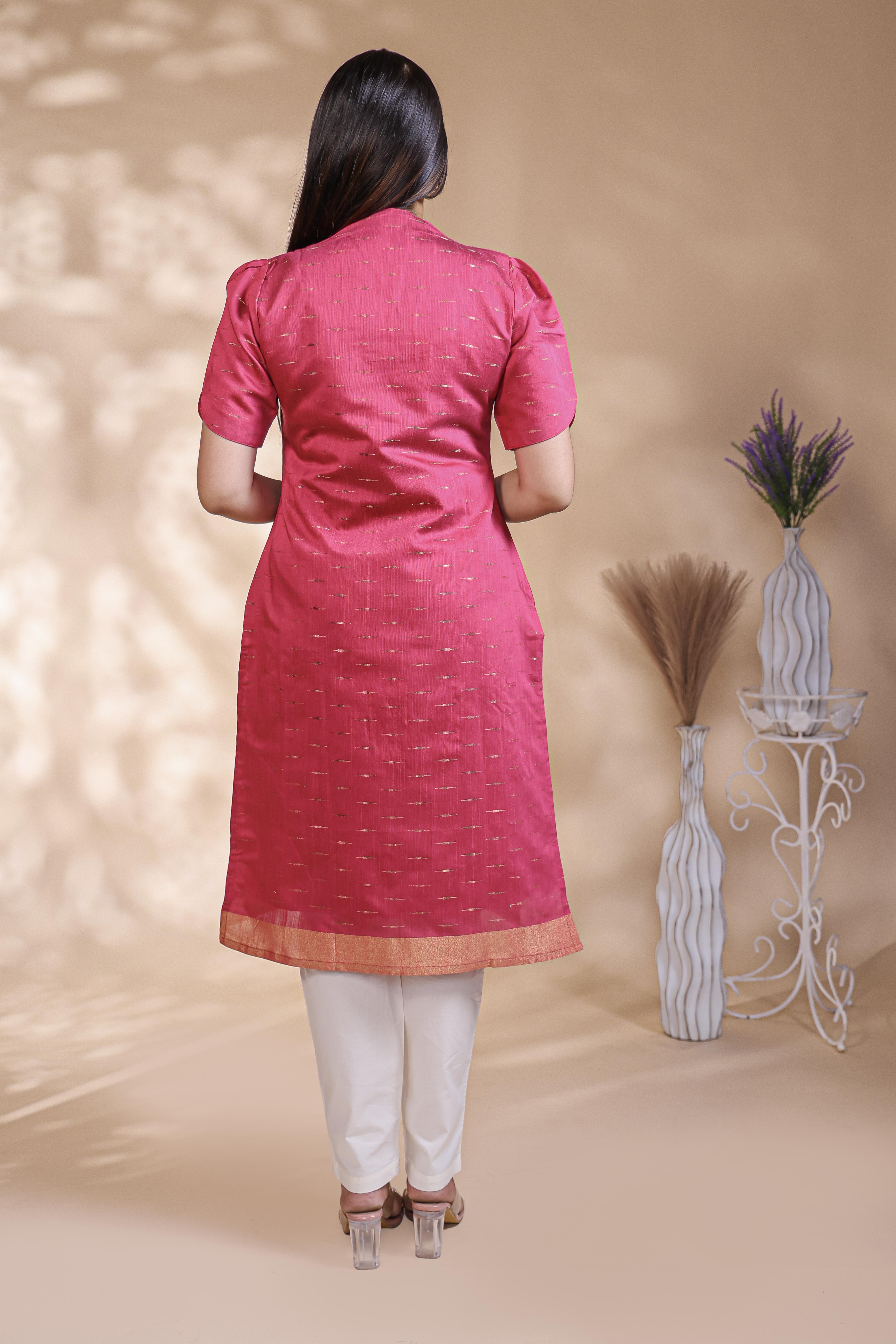 Pink Self-Textured motifs design Straight Kurti with Gold Border, Sweetheart Neck and 3/4 Sleeves