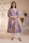 Lavender abstract floral print Anarkali kutri with round neck and 3/4 slevee