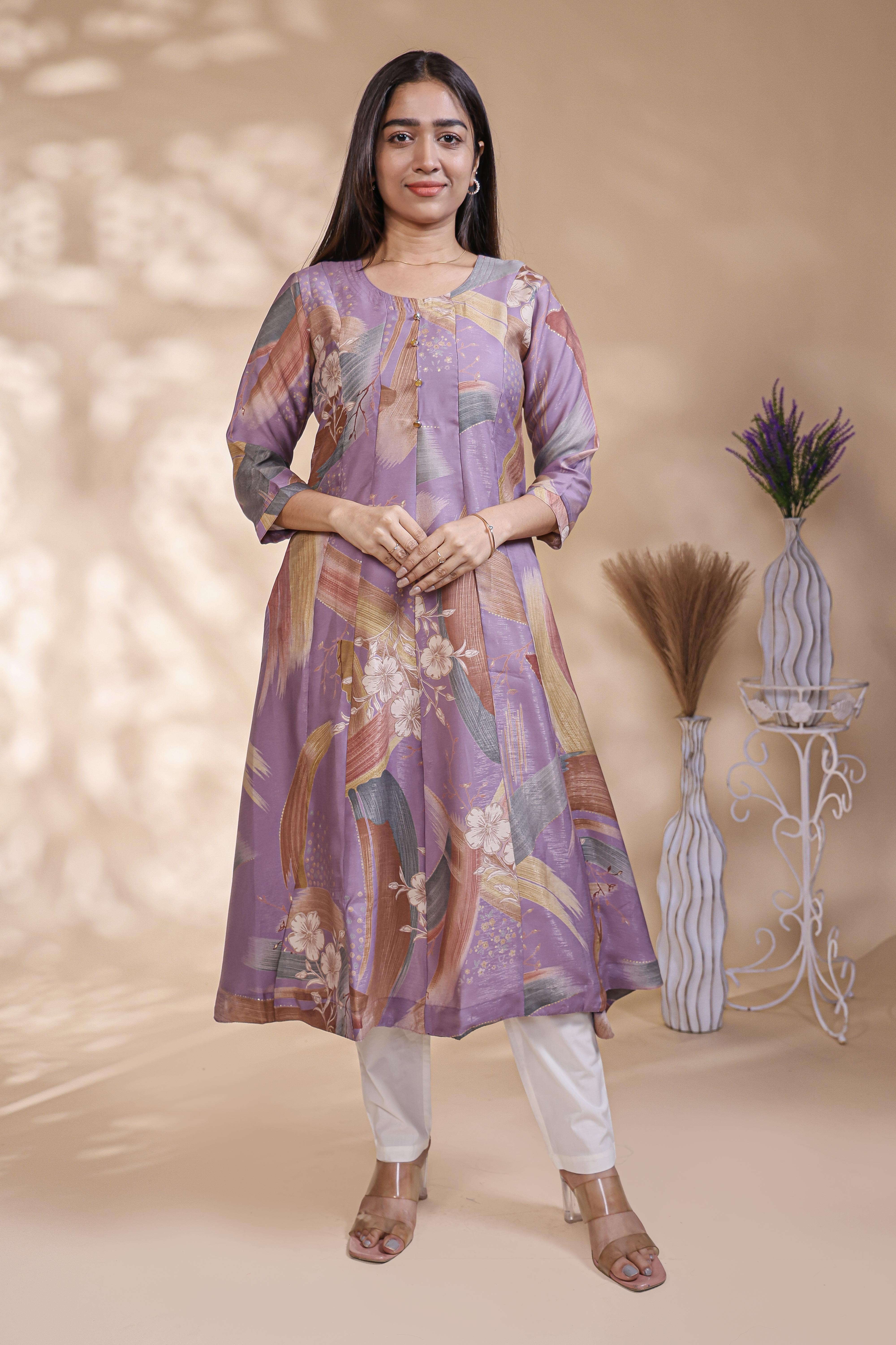 Lavender abstract floral print Anarkali kutri with round neck and 3/4 slevee