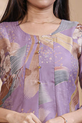 Lavender abstract floral print Anarkali kutri with round neck and 3/4 slevee