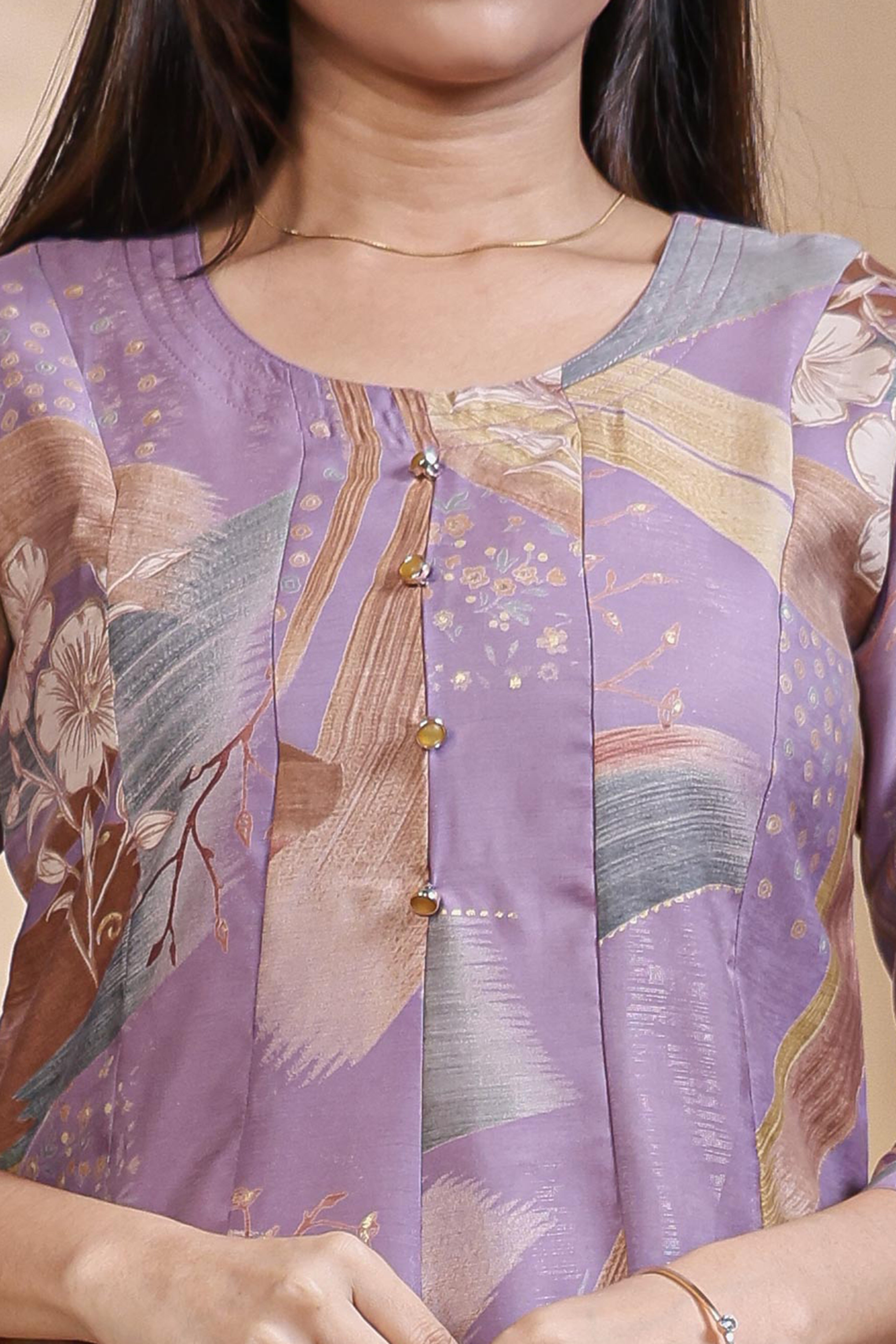 Lavender abstract floral print Anarkali kutri with round neck and 3/4 slevee