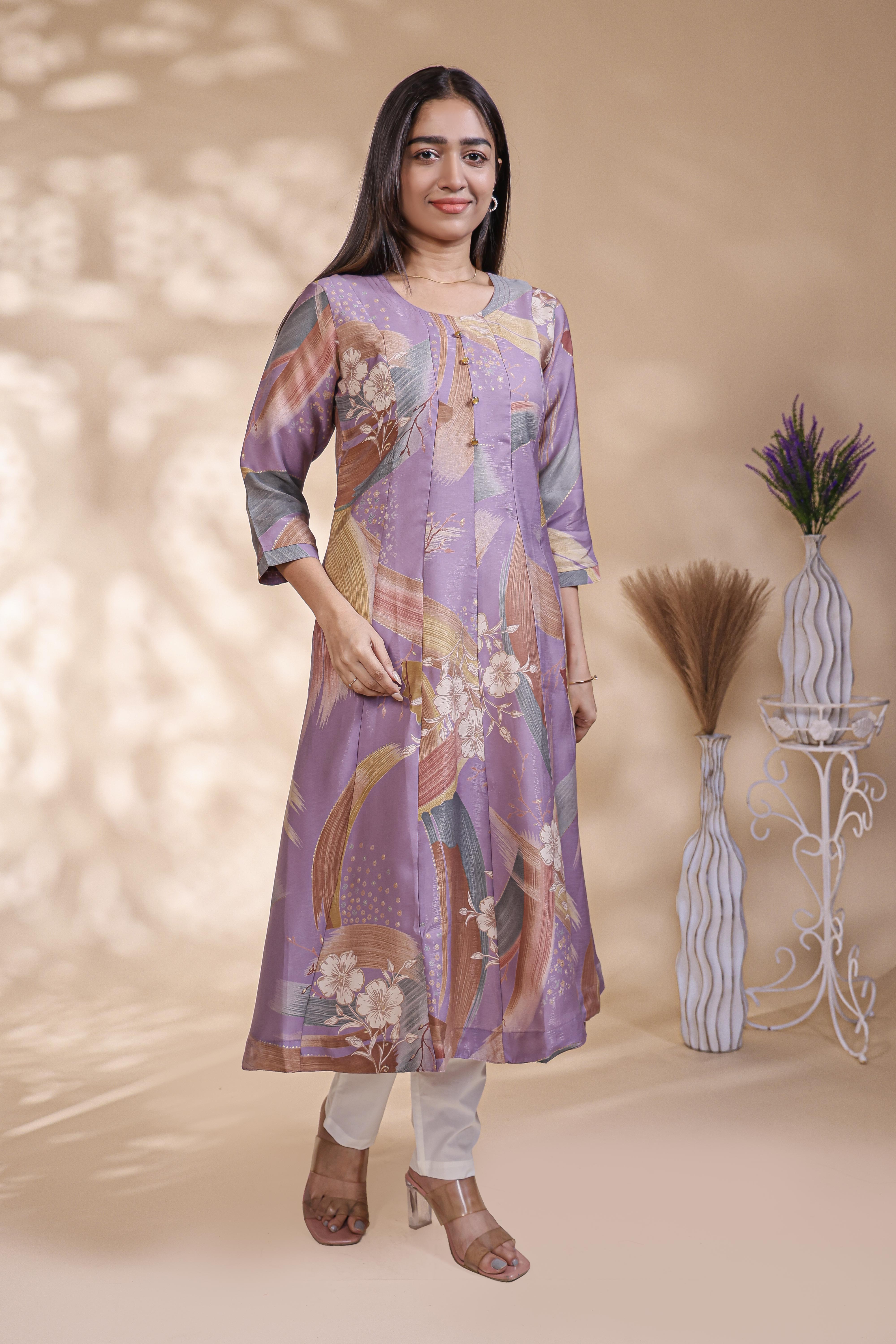 Lavender abstract floral print Anarkali kutri with round neck and 3/4 slevee