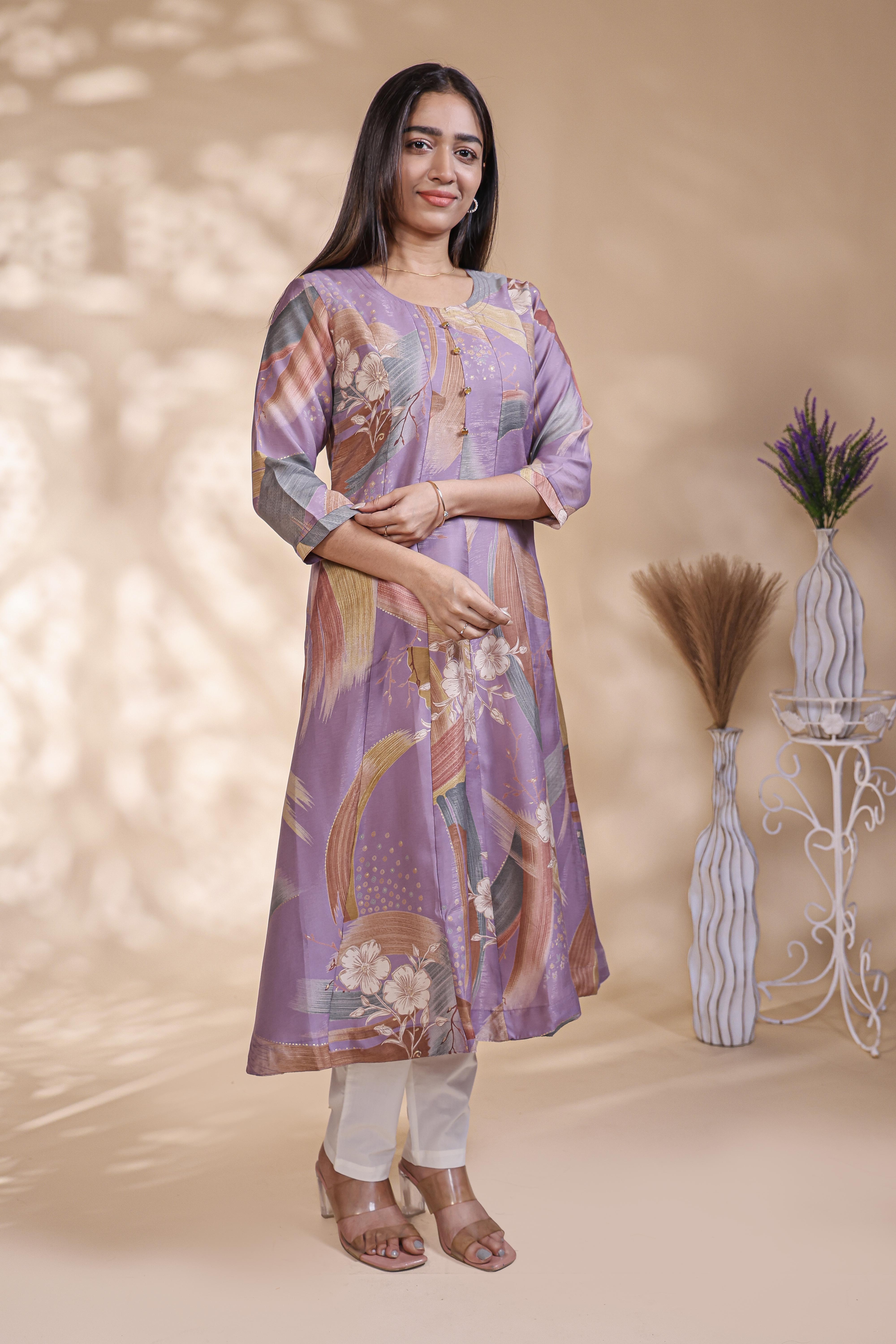 Lavender abstract floral print Anarkali kutri with round neck and 3/4 slevee