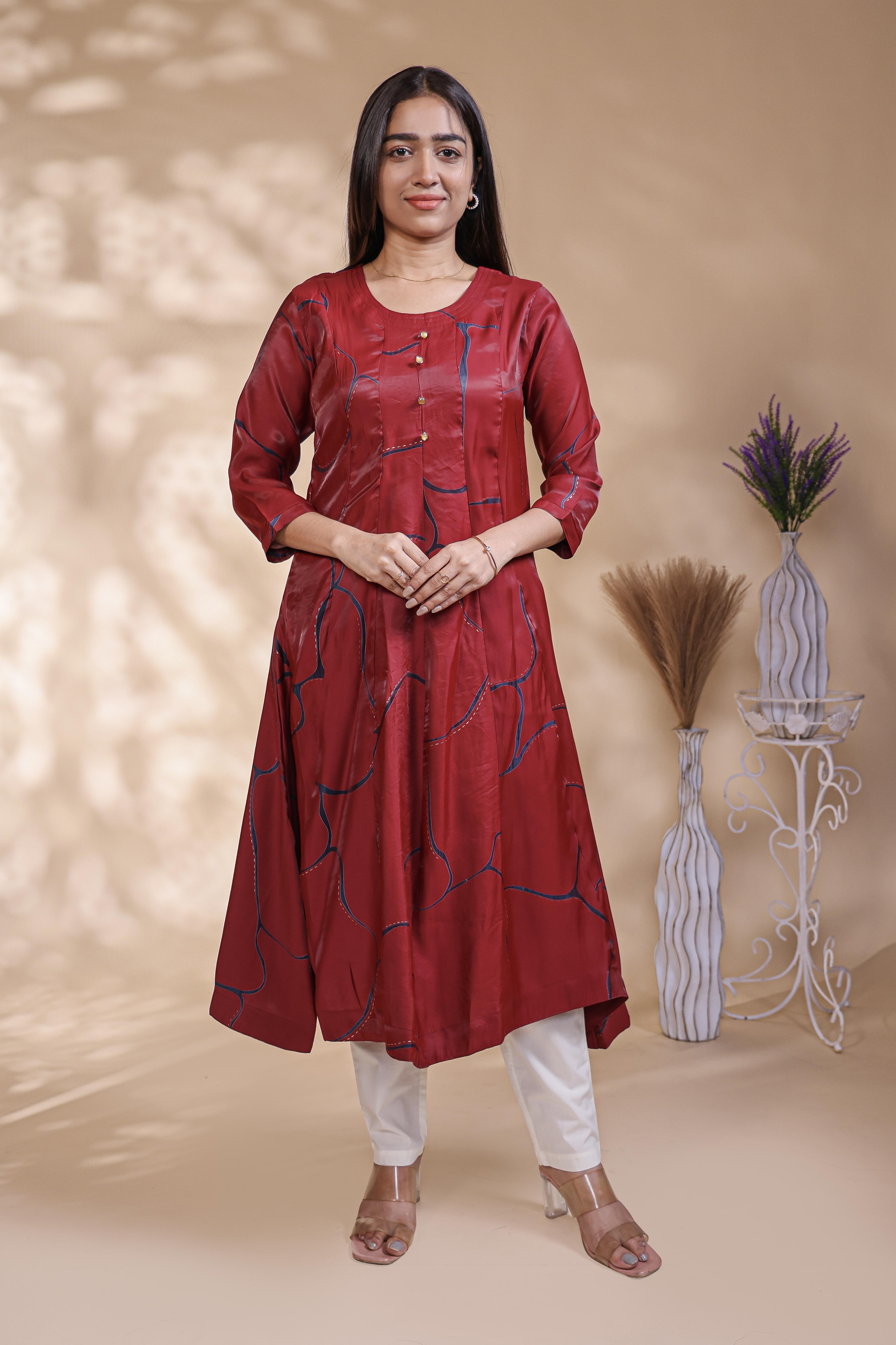 Maroon abstract floral print Anarkali kutri with round neck and 3/4 slevee