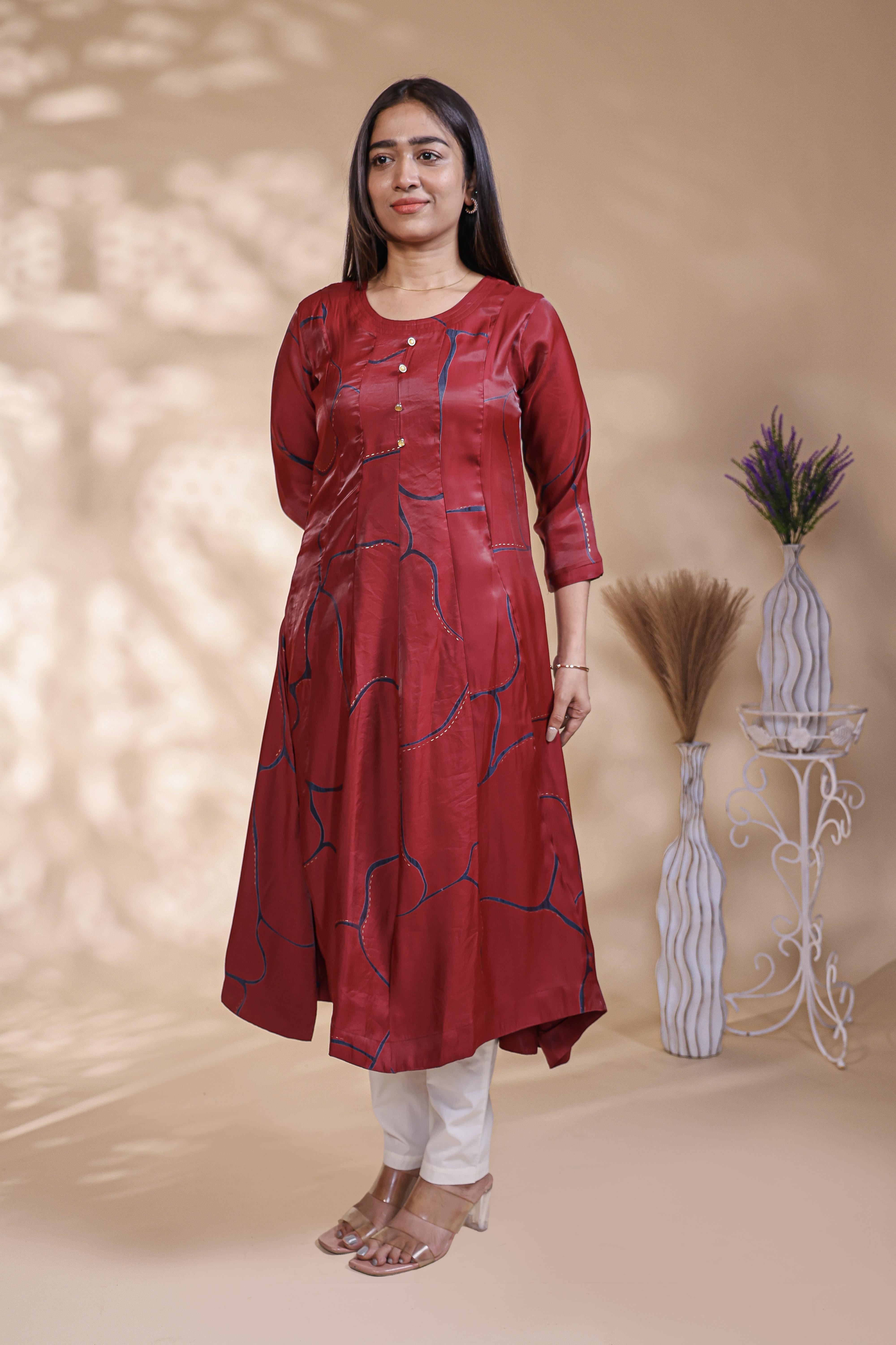 Maroon abstract floral print Anarkali kutri with round neck and 3/4 slevee