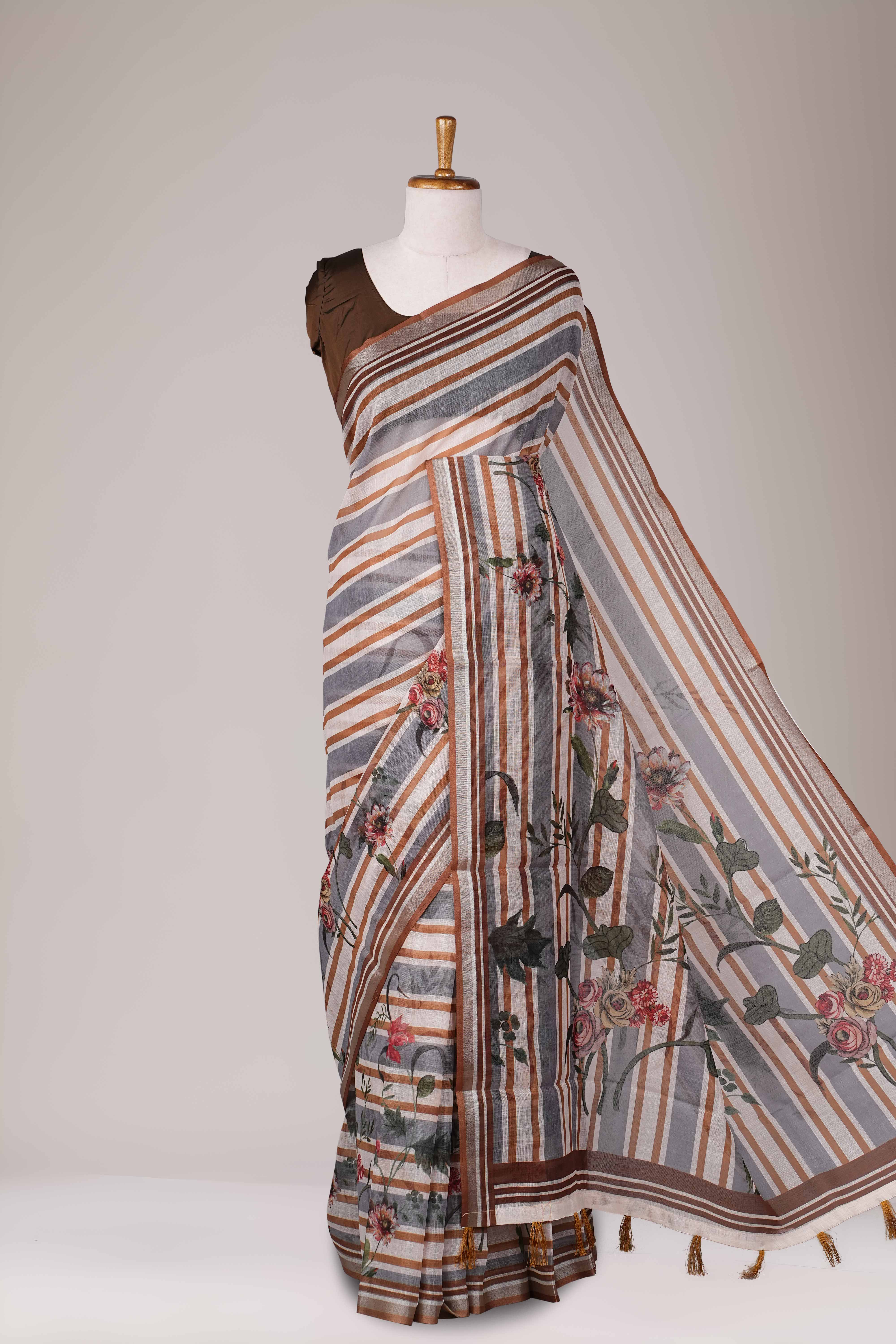 All over printed linen saree