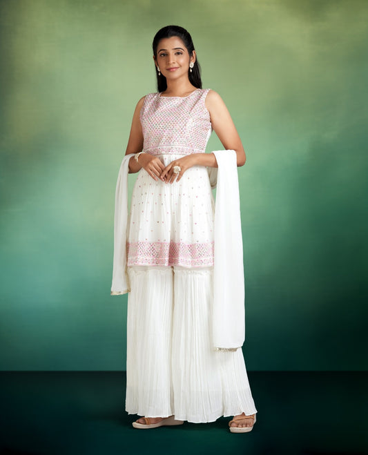 White Color Sarara Georgette  Chudi with Pink Color Design in Neck