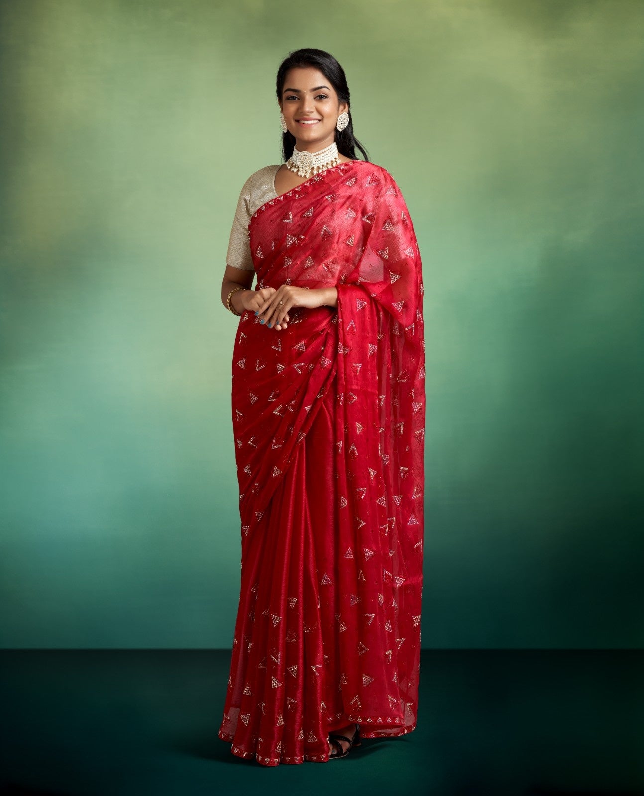 RED ORGANZA SAREE WITH SLIVER COLOUR STONE WORK
