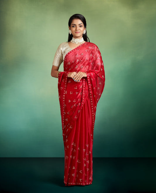 RED ORGANZA SAREE WITH SLIVER COLOUR STONE WORK