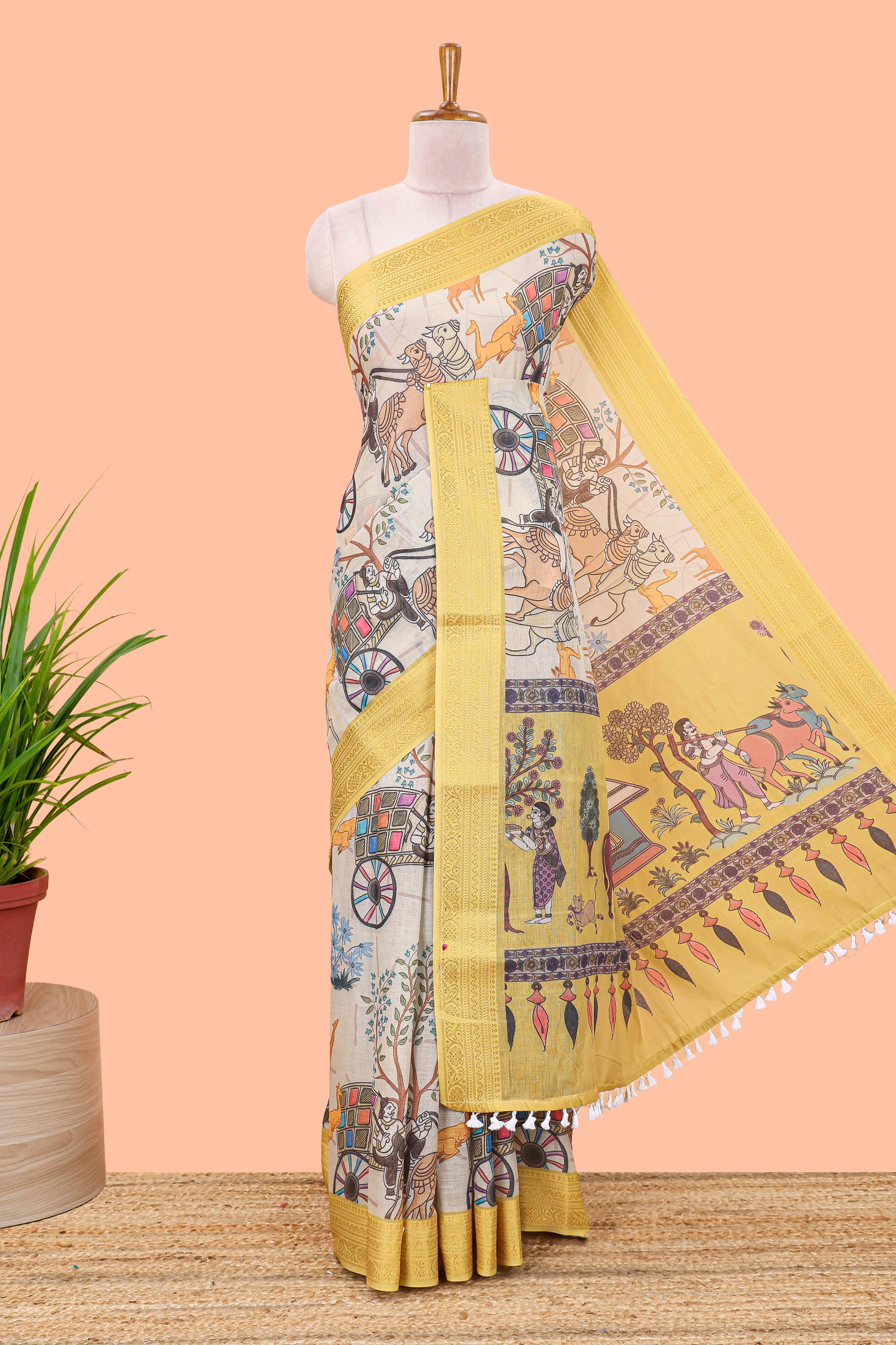 Beige floral print Chirala cotton saree