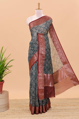 Black chanderi cotton saree with geometric design