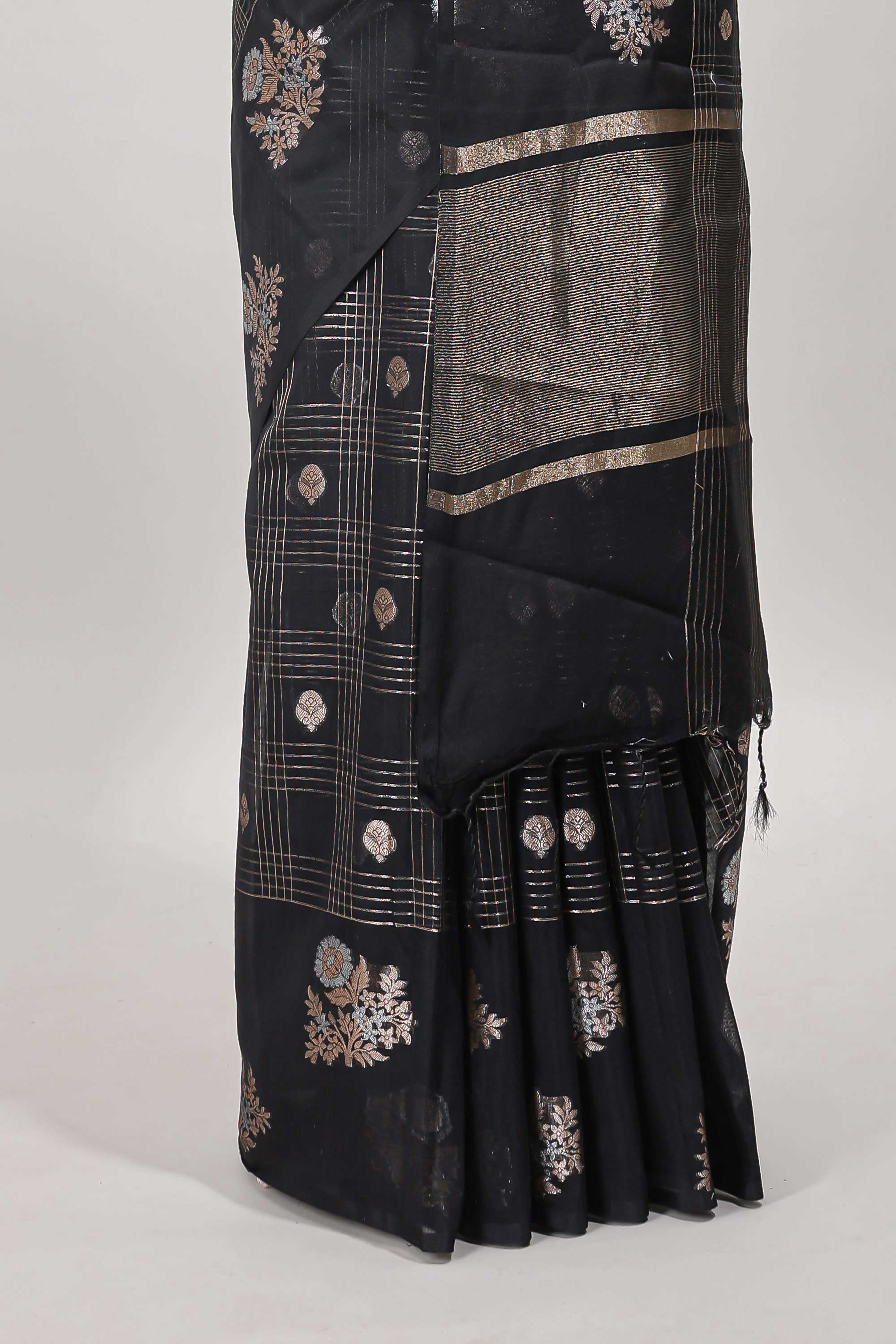 Black chanderi saree self border striped blouse