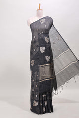Black chanderi silk cotton saree checked zari motifs self border