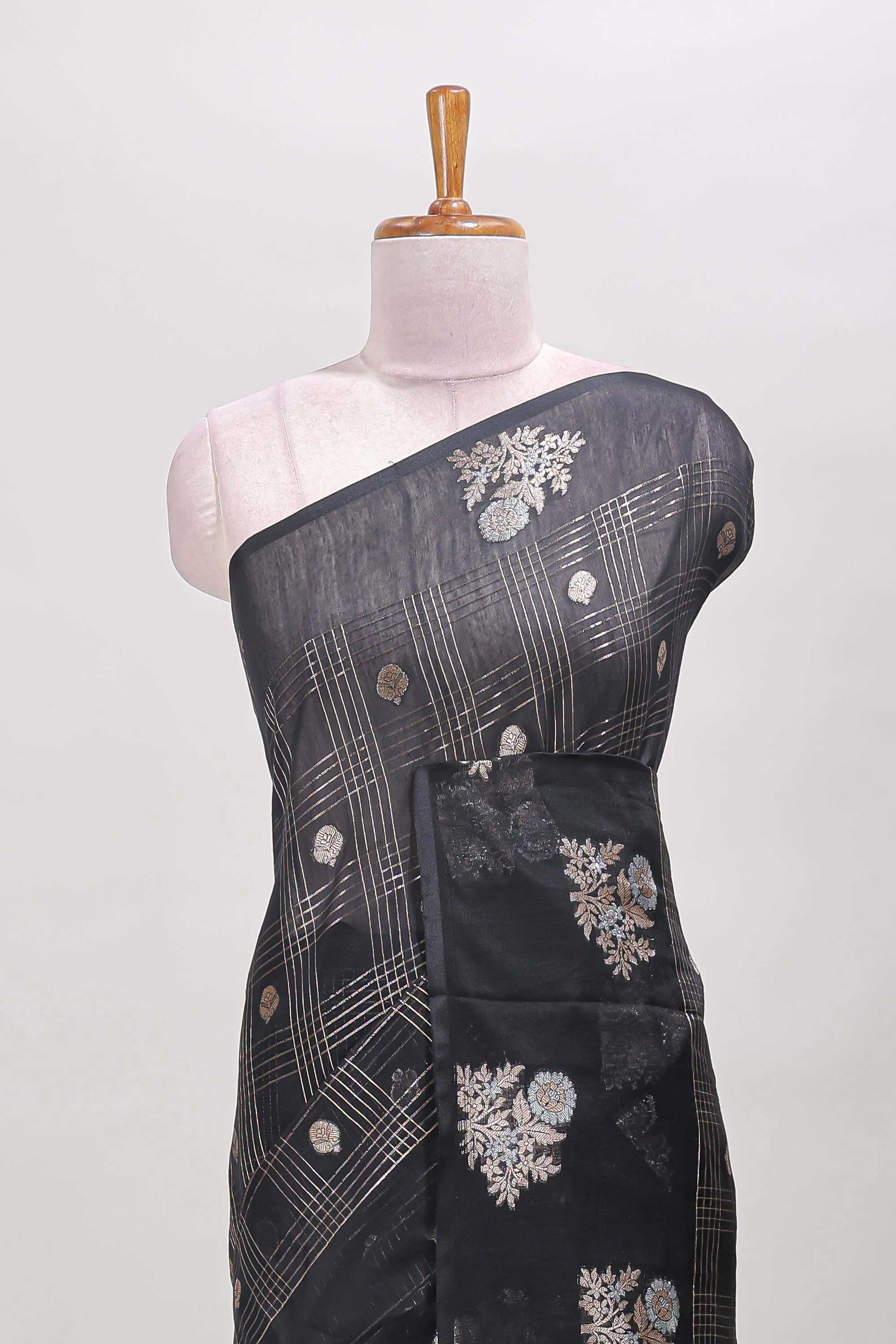 Black checked chanderi saree zari motifs
