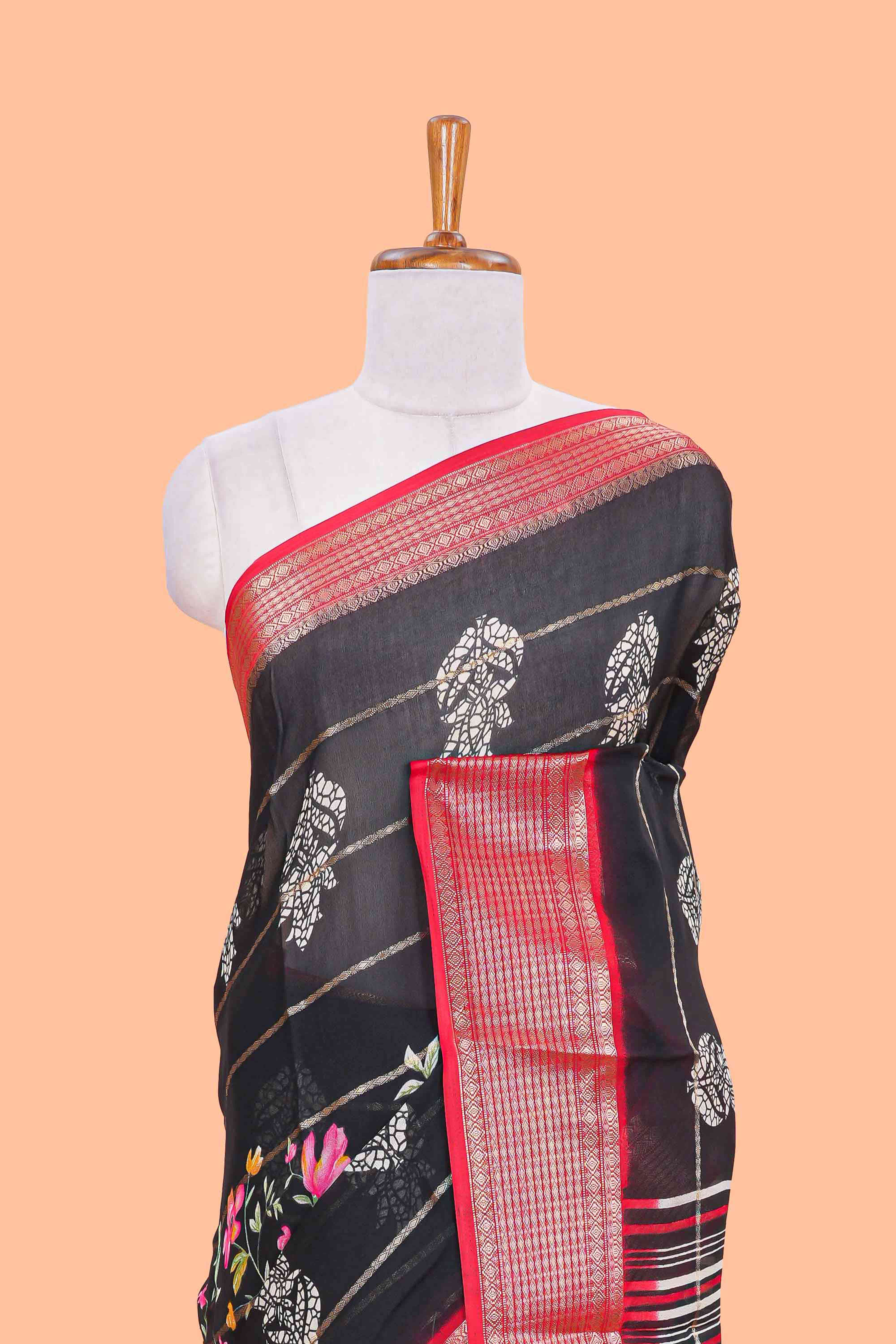 Black chiffon georgette contrast border saree