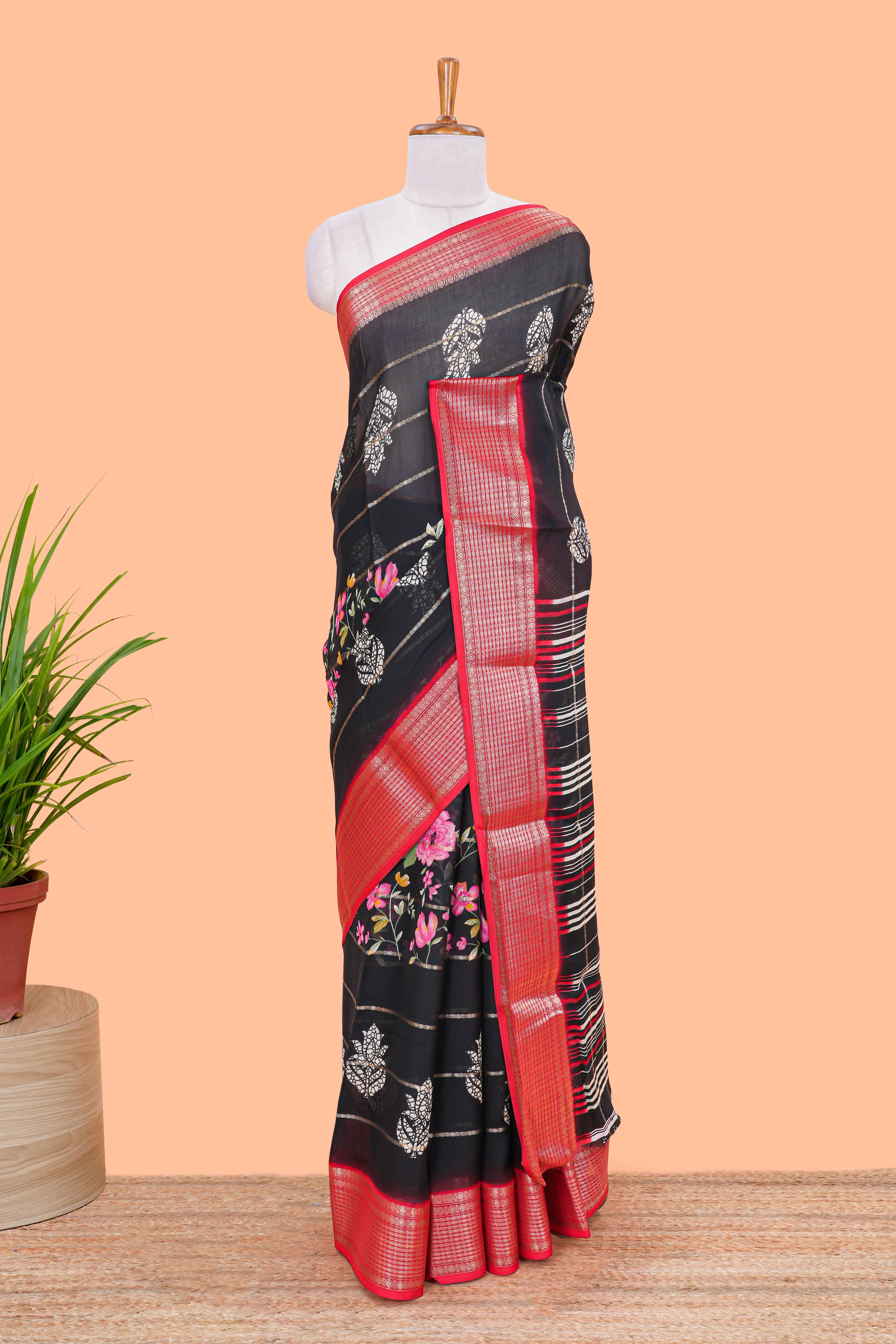 Black chiffon georgette floral saree